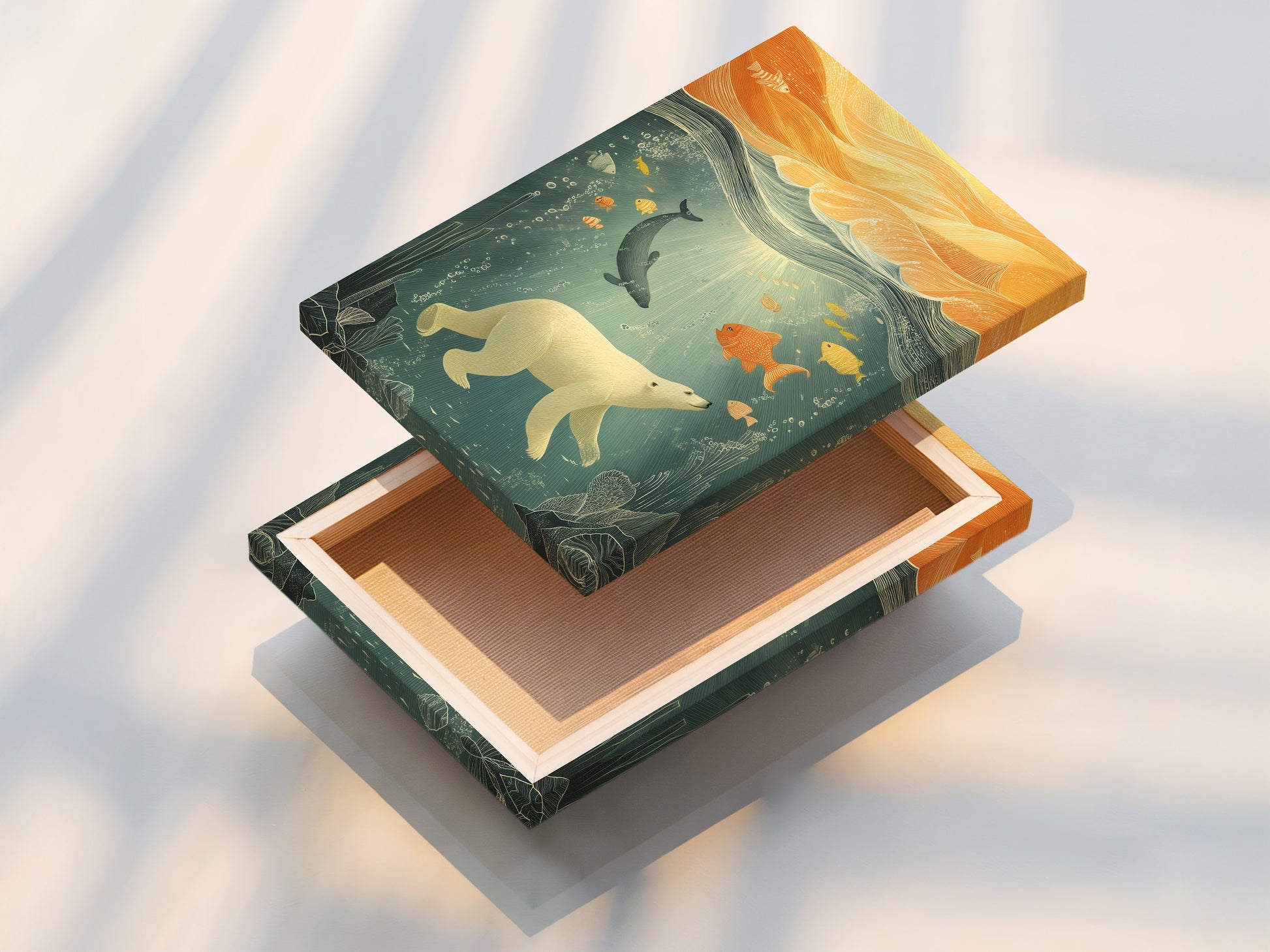 Stretched canvas print featuring ocean wildlife. The artwork shows a polar bear underwater with fish. This marine life decor is ideal for kids rooms and nurseries. Enhance your space with this charming piece of animal wall art with its coastal and tropical style.