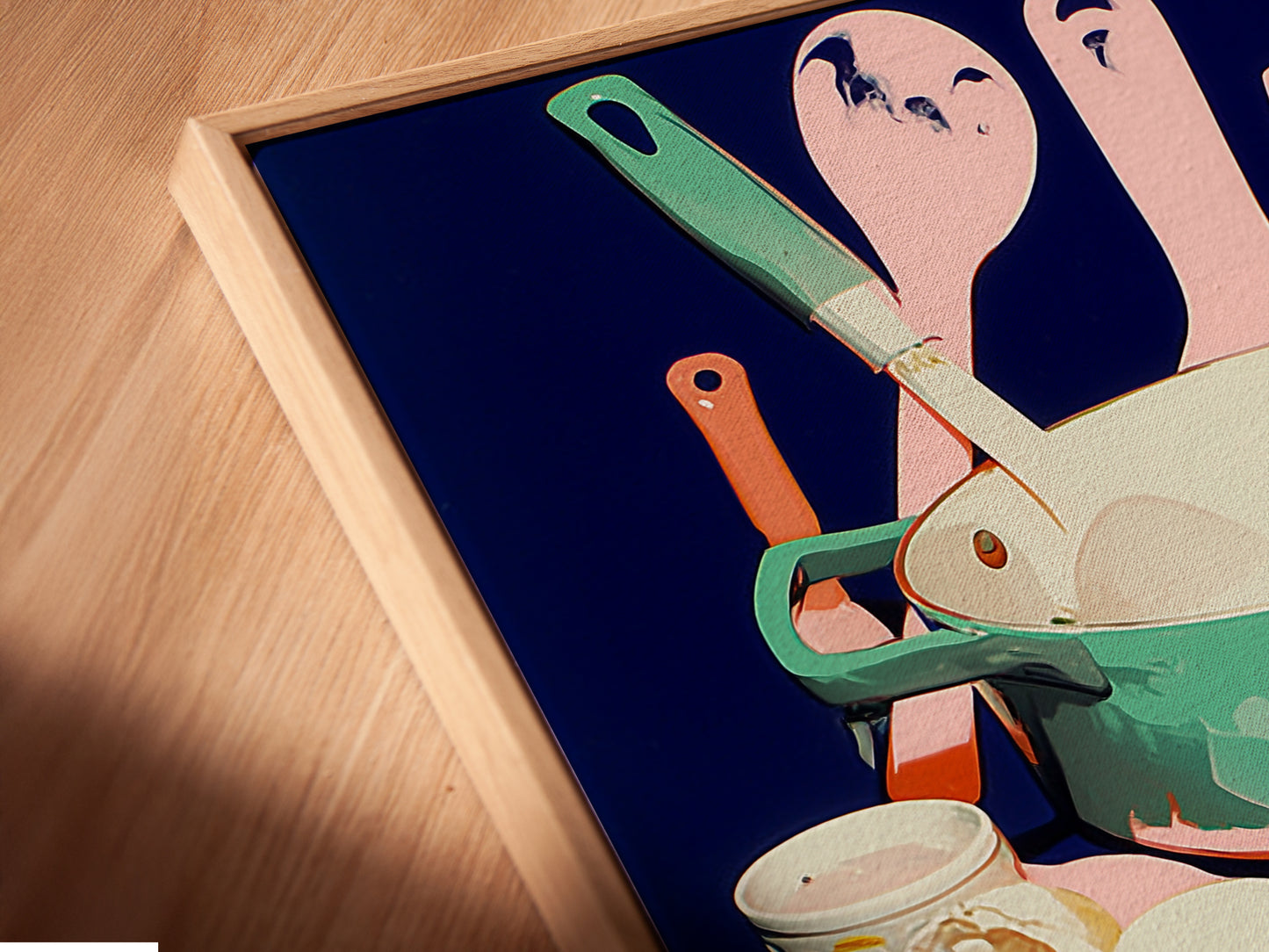 Close-up of Breakfast Still Life canvas print in a floating frame. This kitchen art features eggs toast and utensils with pink and blue touches. The modern food art enhances dining decor. This culinary artwork is perfect for cafe or kitchen walls.