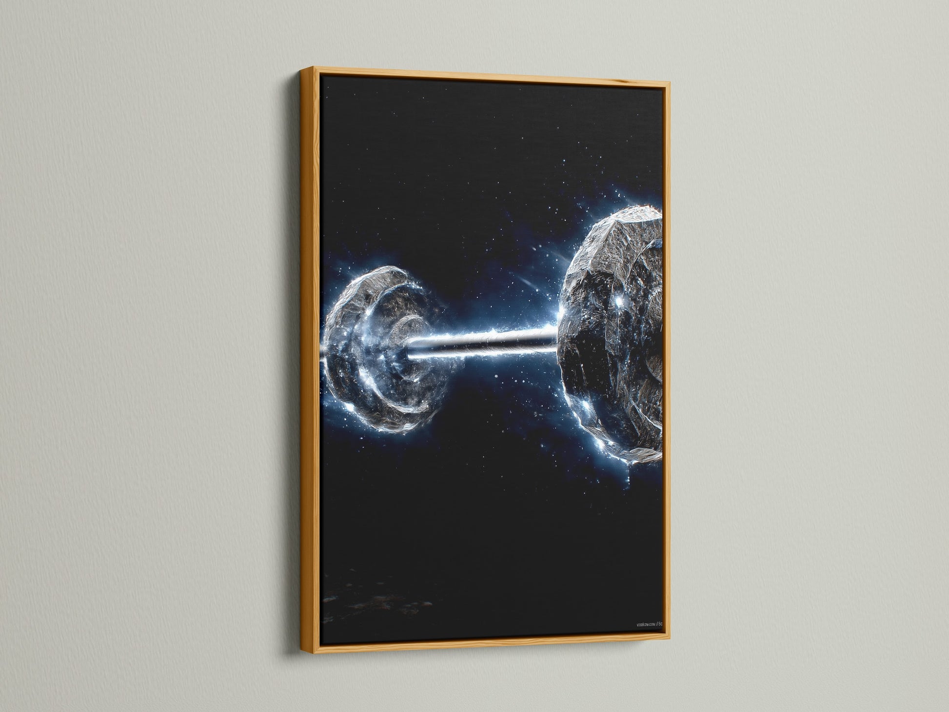 A shimmering gold frame highlights the Cosmic Collision. This canvas print brings astronomy art to life. It's a captivating piece for any space enthusiast. Elevate your home decor with this cosmic wall decor. Explore the universe through art.