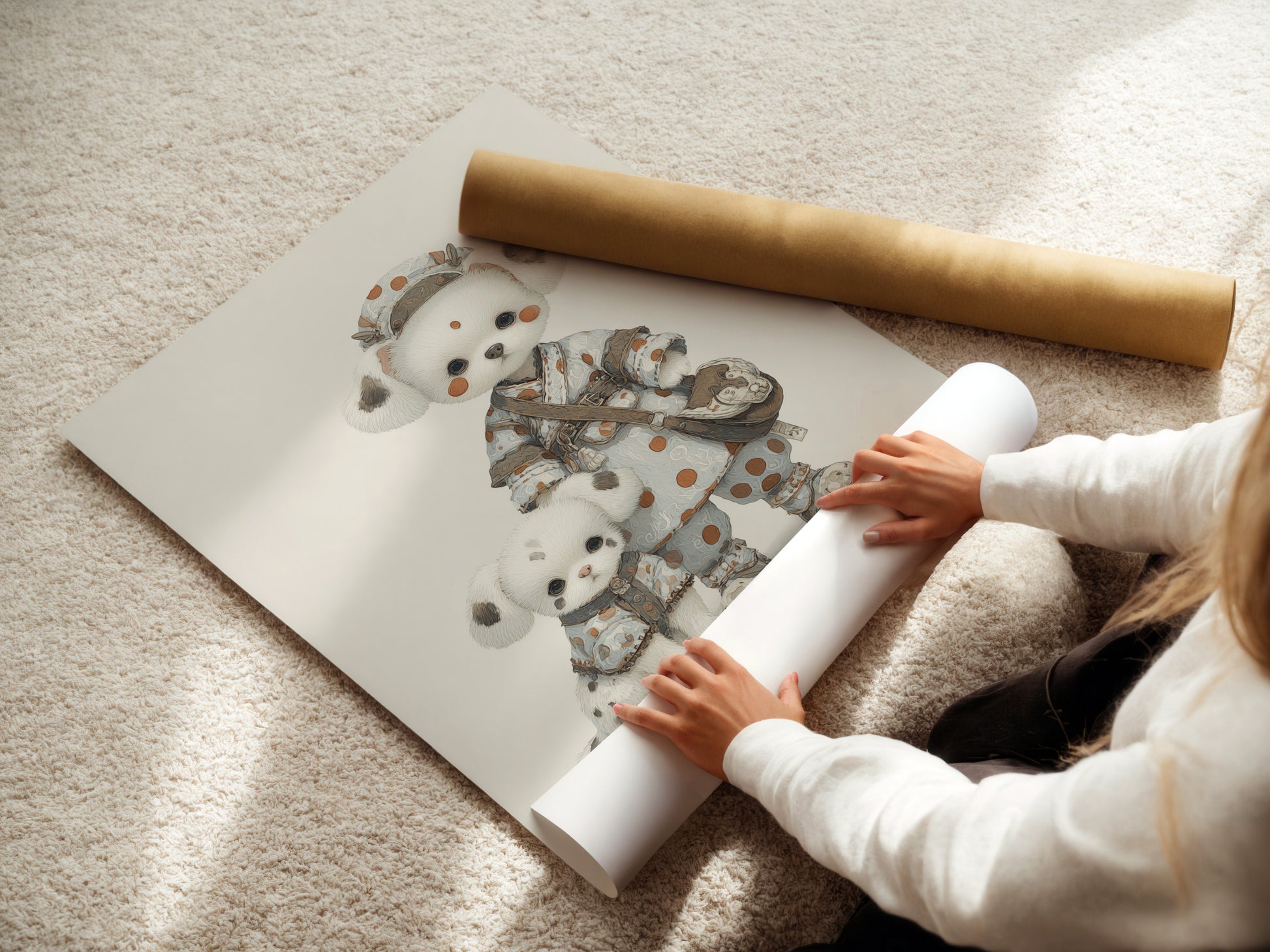 A woman is carefully rolling fine art poster paper. She is preparing a cute panda art print. The kawaii animal wall art is ready for shipping. This poster paper ensures your baby room decor arrives in perfect condition. High-quality materials for lasting beauty.