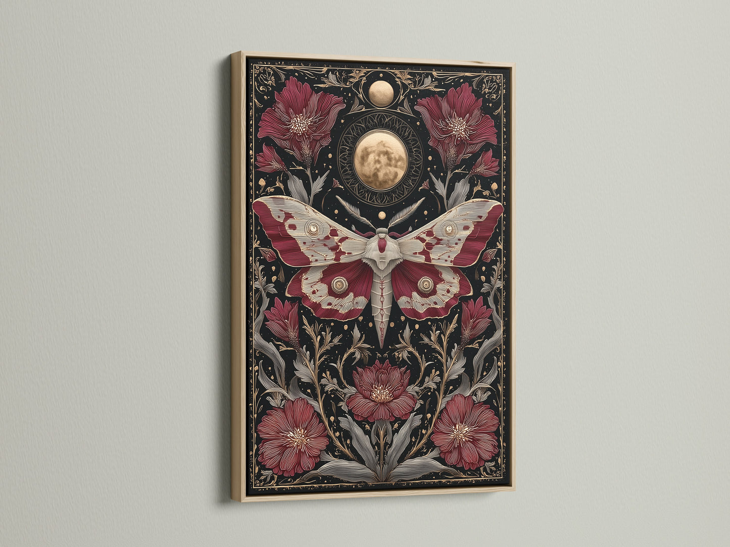 A celestial moth art print is presented in an oak frame. The artwork has a gothic botanical theme. Moon phases enhance the canvas art. Consider this dark academia moon phases canvas art.