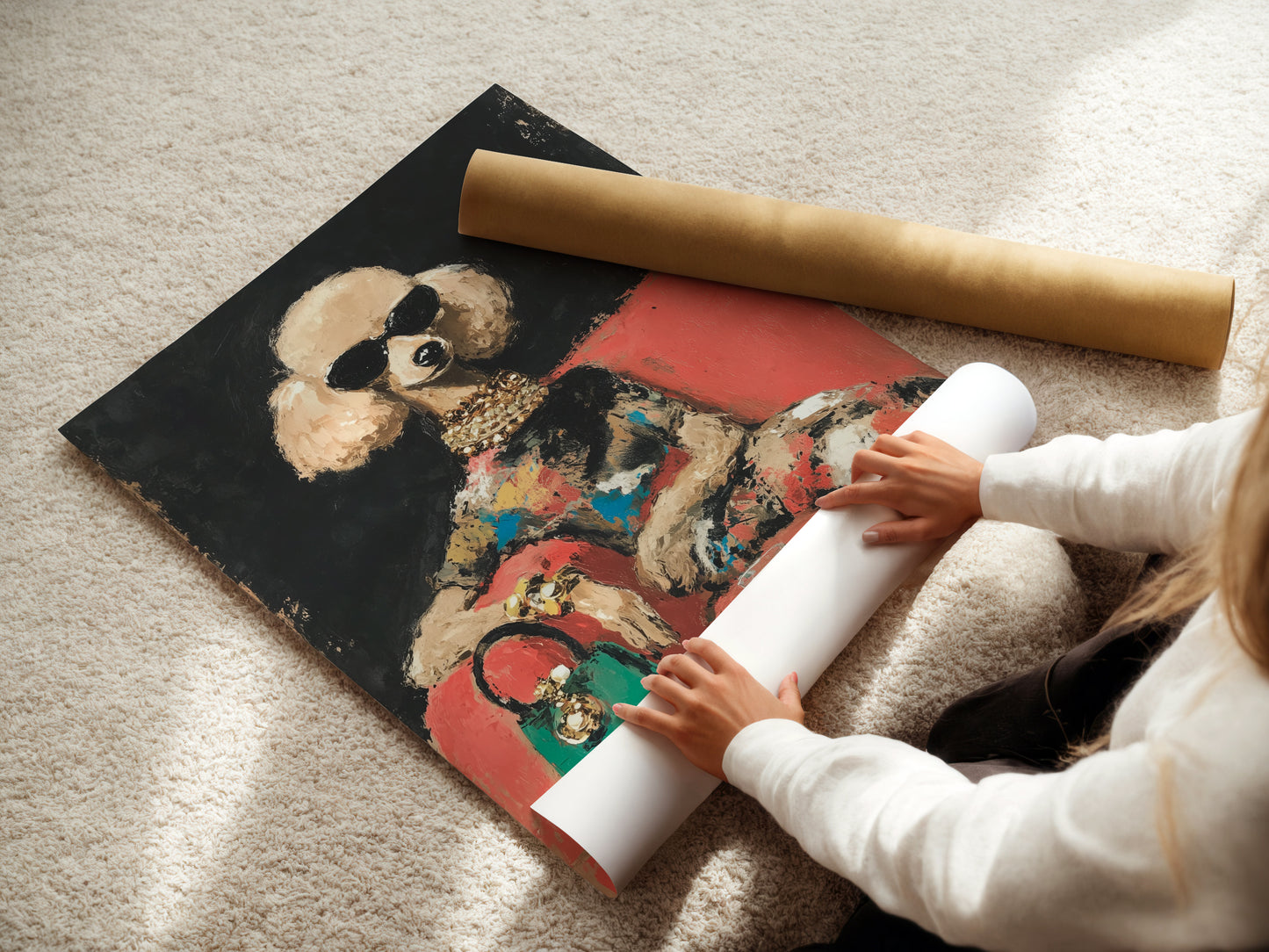 A woman carefully rolling a fine art poster paper. This glamorous poodle artwork is ready to be displayed. This chic fashion dog print will elevate any space with its vintage style.