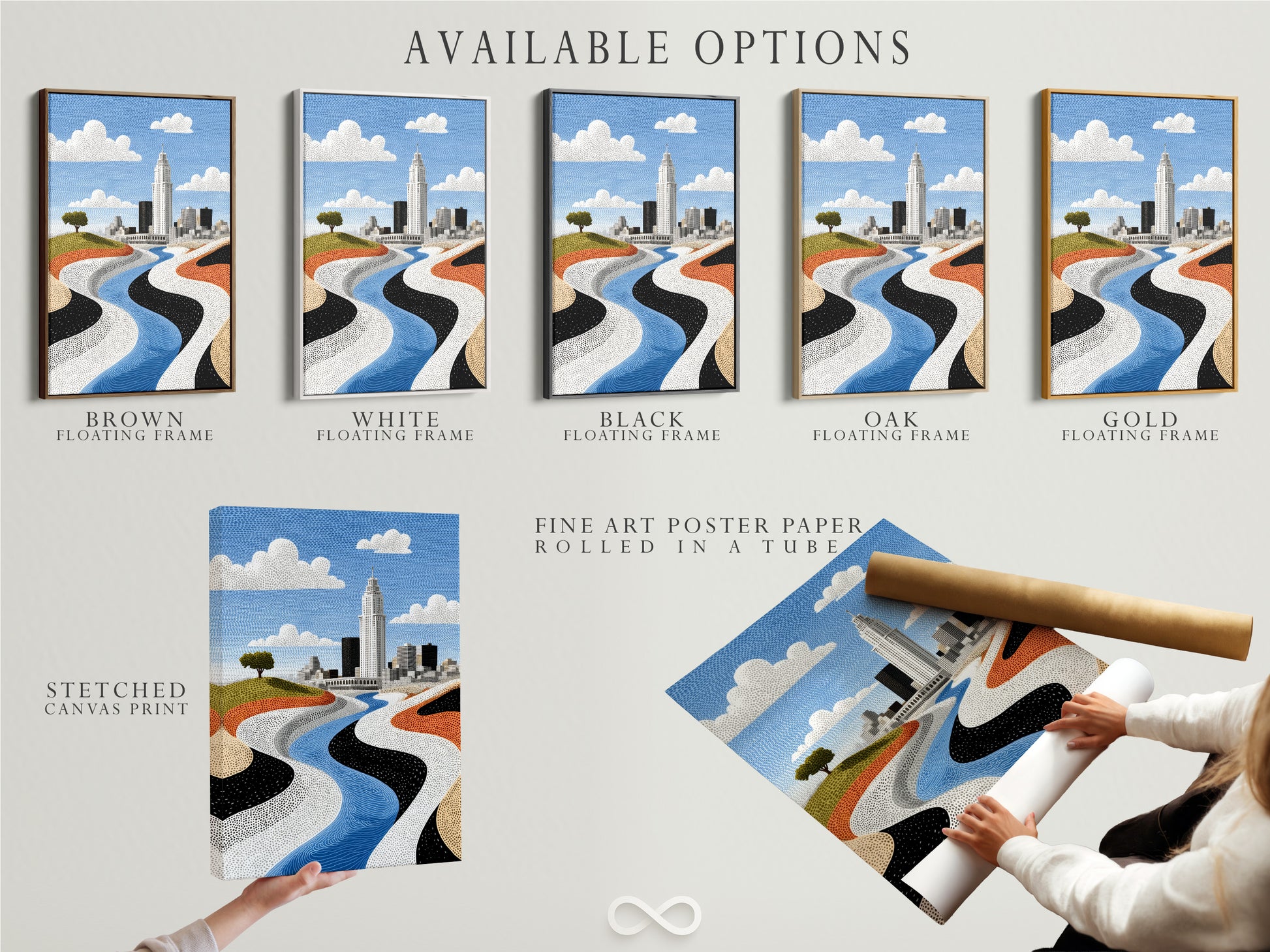 Explore available options for this city skyline artwork. Options include stretched canvas prints fine art poster paper and floating frames. Customize your modern river landscape wall art. Select the perfect style for your decor.