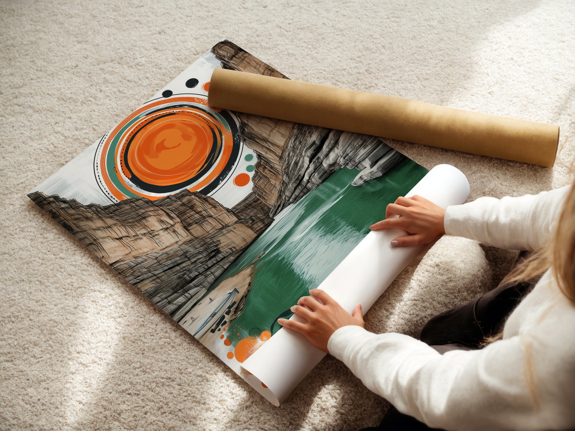 Woman Rolling a Fine Art Poster Paper. High-quality fine art poster paper ensures your prints look their best. Perfect for displaying detailed landscape artwork and abstract designs. Explore our art options today.