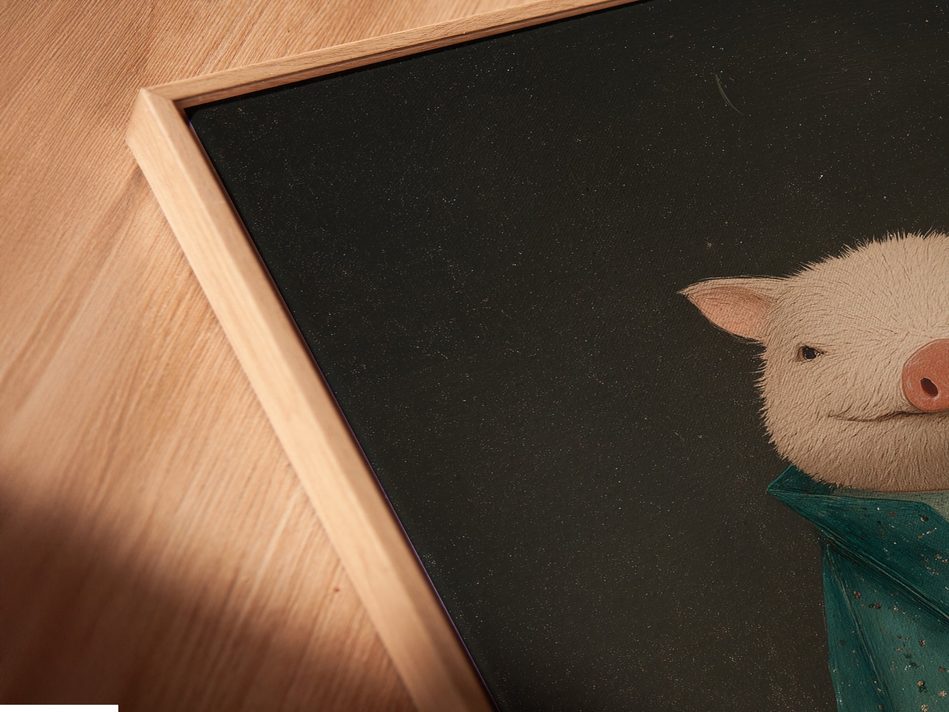 A close-up of the Lawyer Pig canvas print in a floating frame. This legal office art brings sophistication to your space. The justice scales animal canvas is perfect for law firm decor. This is a unique gift for attorneys. The Victorian style is in green and gold.