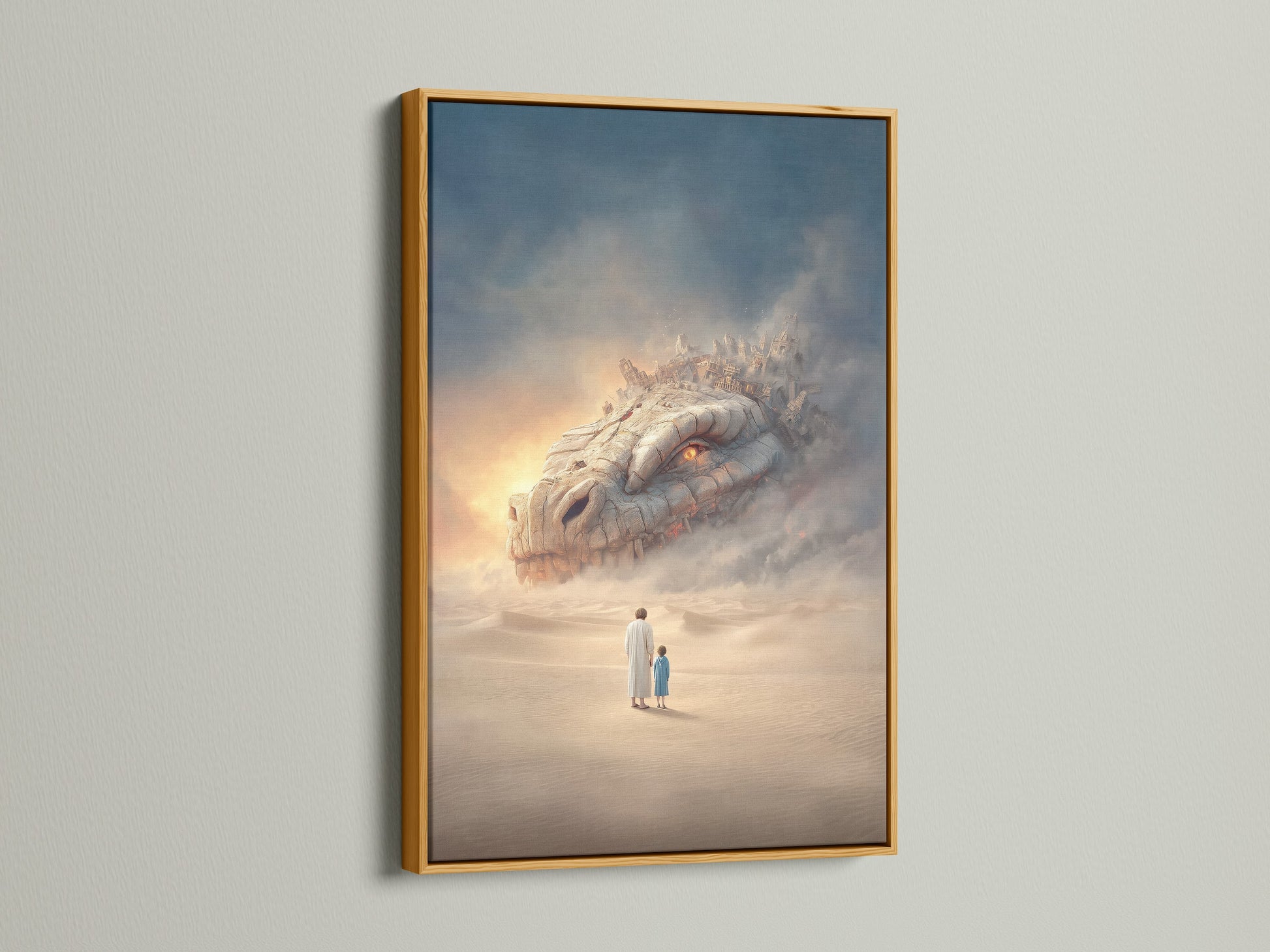 Surreal fantasy art print in a gold frame. The artwork showcases a desert dreamscape with a mystical creature. The gold frame adds a touch of luxury and elegance. This artwork is perfect for creating a focal point in any room. It is an ideal addition to libraries and playrooms adding a touch of fantasy.