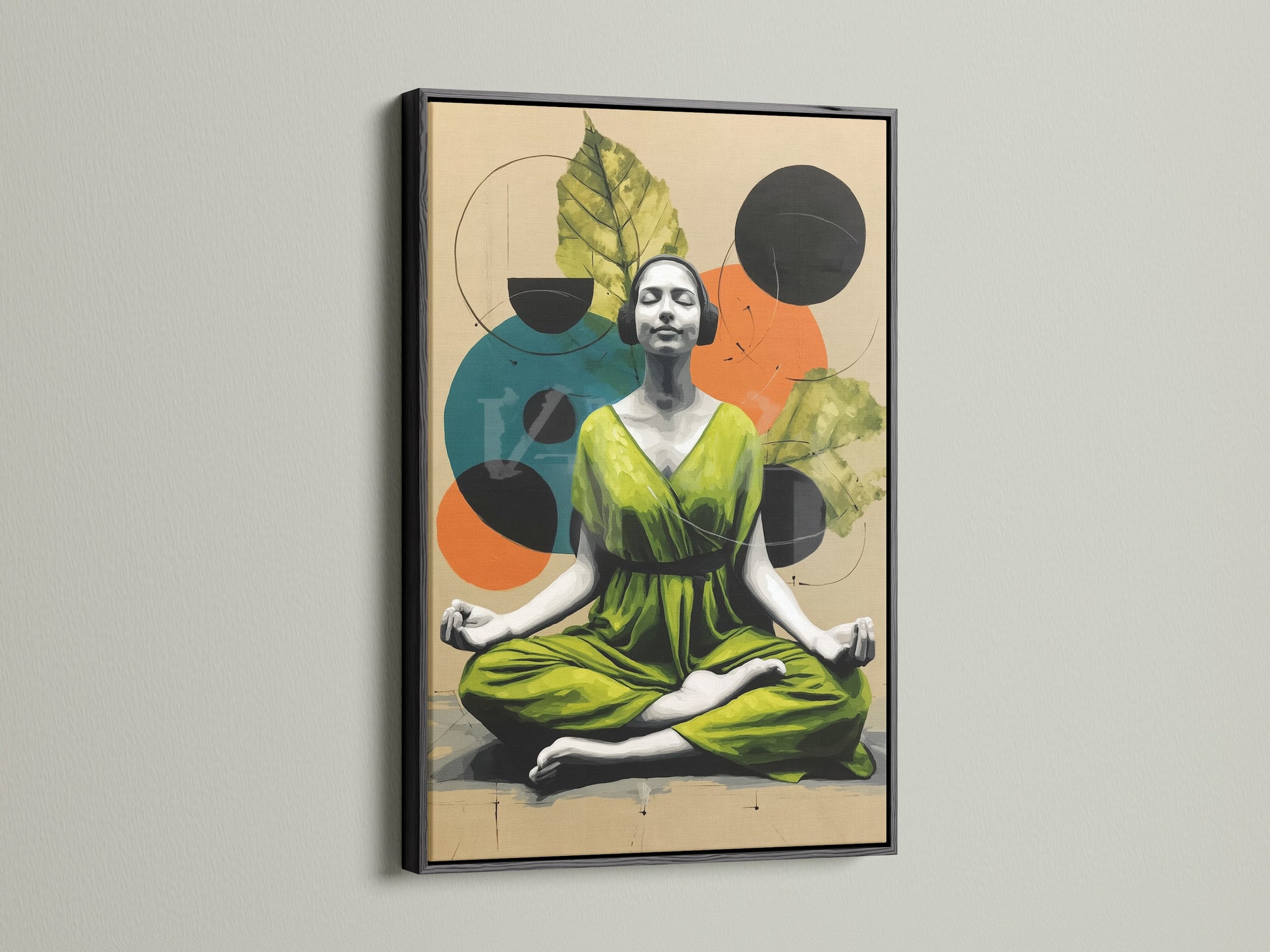 This black frame highlights a striking meditation artwork. See how this zen canvas print creates a focal point. It is ideal for living rooms or wellness centers. The black frame adds sophistication and calm.