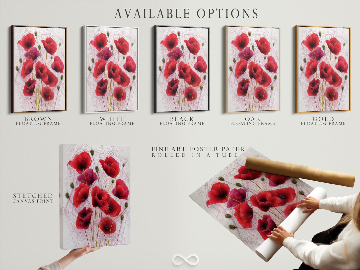 Available options include stretched canvas print fine art poster paper and floating frame. Customize your botanical artwork to match your style. Select the perfect format for your red poppy decor. Enhance your space with floral wall art.