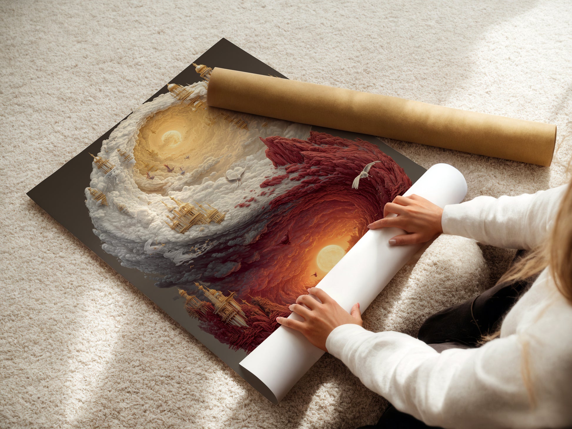A woman is carefully rolling a fine art poster paper. The scene highlights the attention to detail. High-quality materials are used in printing fine art. This ensures the artwork is preserved and presented beautifully for collectors and enthusiasts.