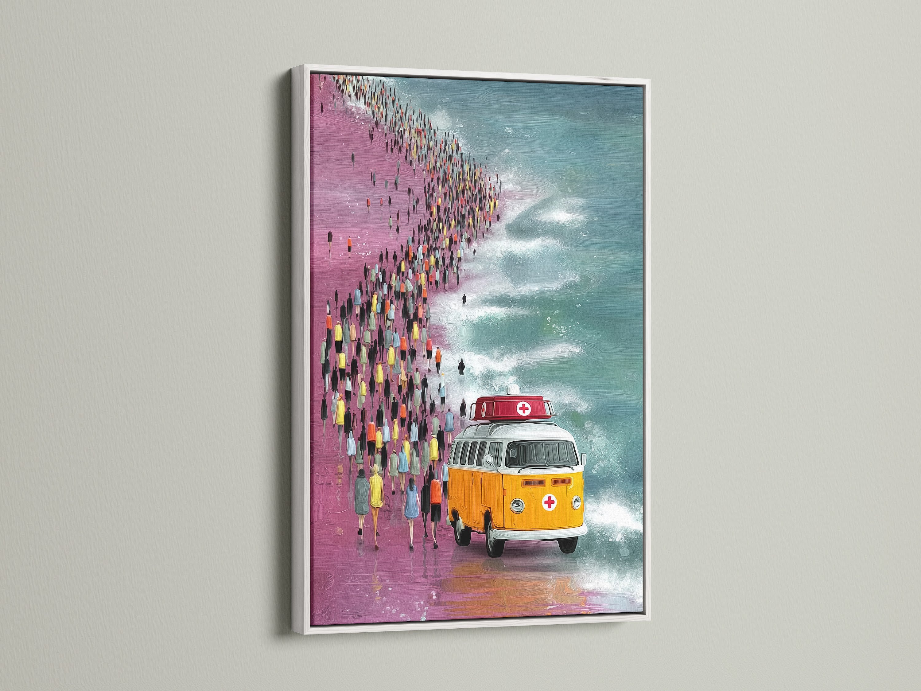 Vintage VW Bus artwork in a white frame. The artwork features an orange Volkswagen van on a beach with a crowd of people. This Volkswagen van art is a perfect addition to any surf room decor. The white frame complements coastal and tropical styles.