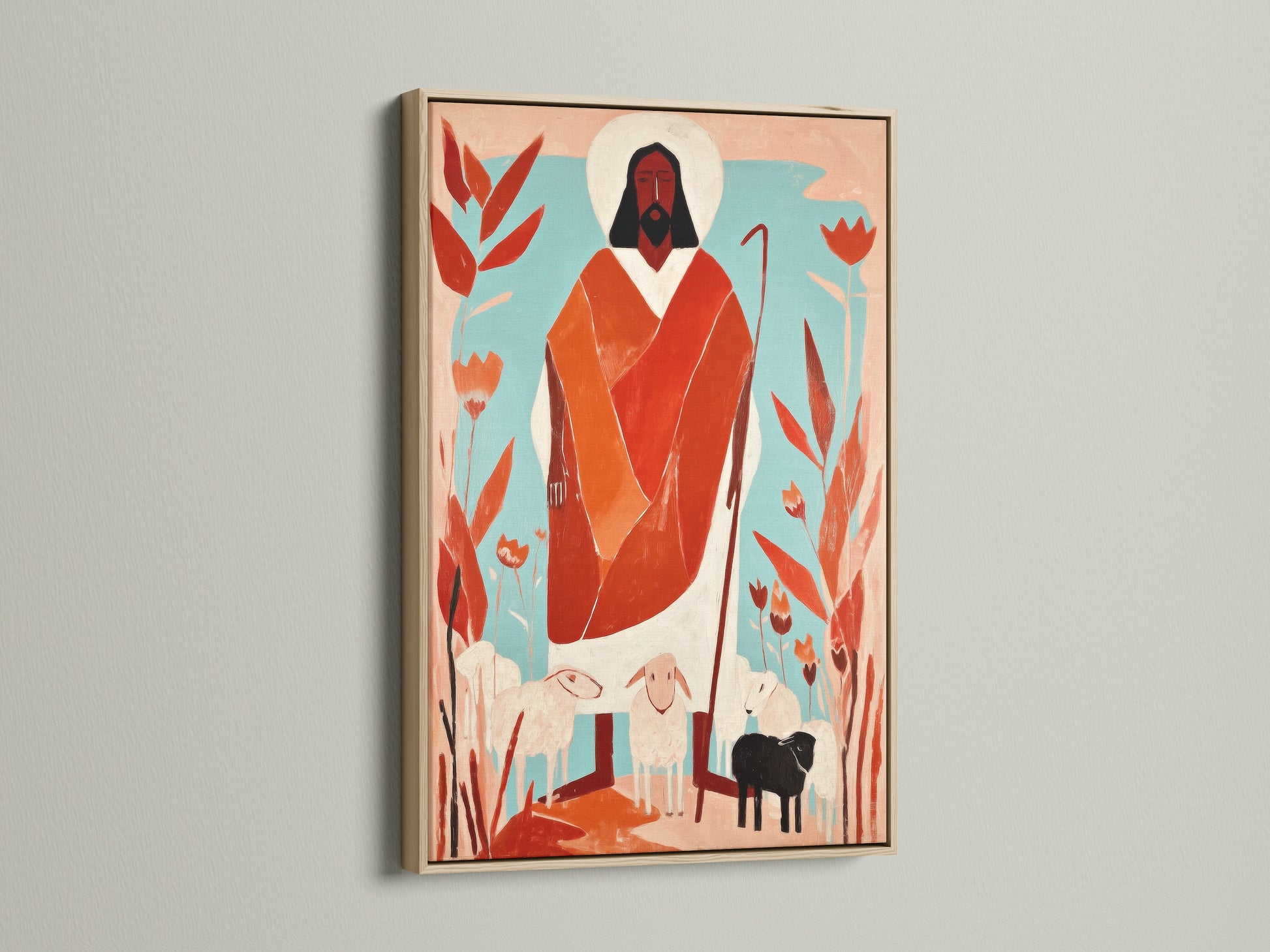 Artwork in an oak frame on a white wall. The art is beautifully displayed. The oak frame enhances the artwork's aesthetic. It adds warmth and elegance to any room. Perfect for home decor.