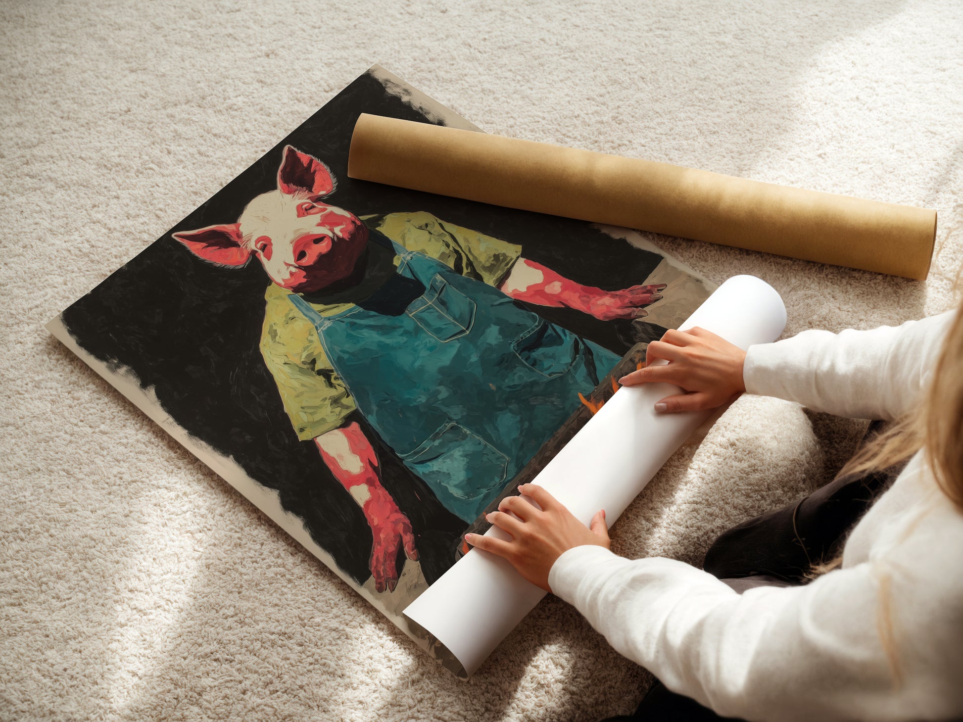 A woman carefully rolls a fine art poster paper of the Pig Chef artwork. The artwork features a pig chef tending a BBQ. The fine art poster paper ensures high-quality reproduction. This print is perfect for adding a humorous touch to your kitchen or dining area. It is ideal for rustic decor.