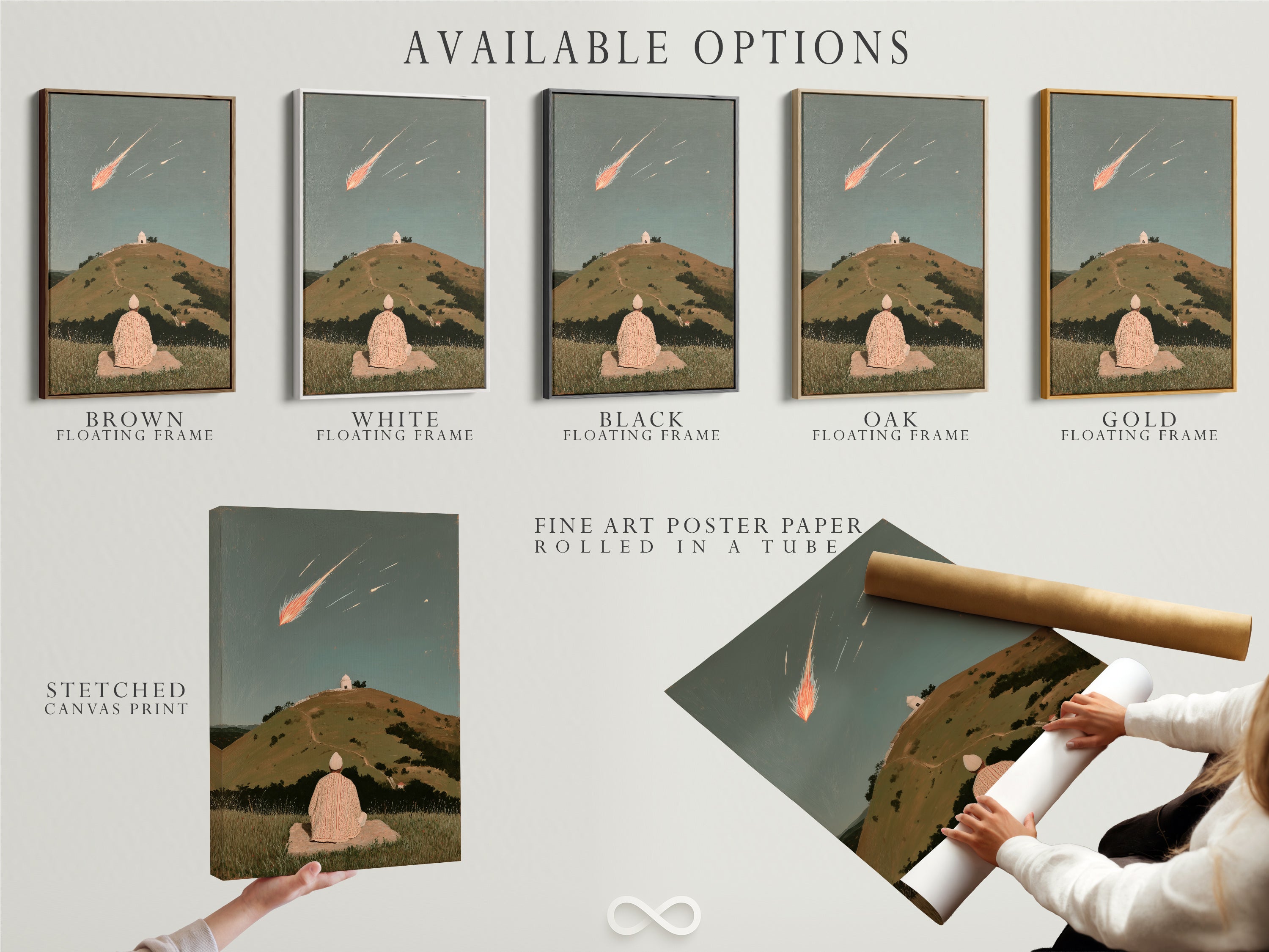 Explore available options for the Shooting Star artwork. Choose from a stretched canvas print fine art poster paper or floating frame. Enhance your space with this celestial artwork. Customize the artwork to match your style.