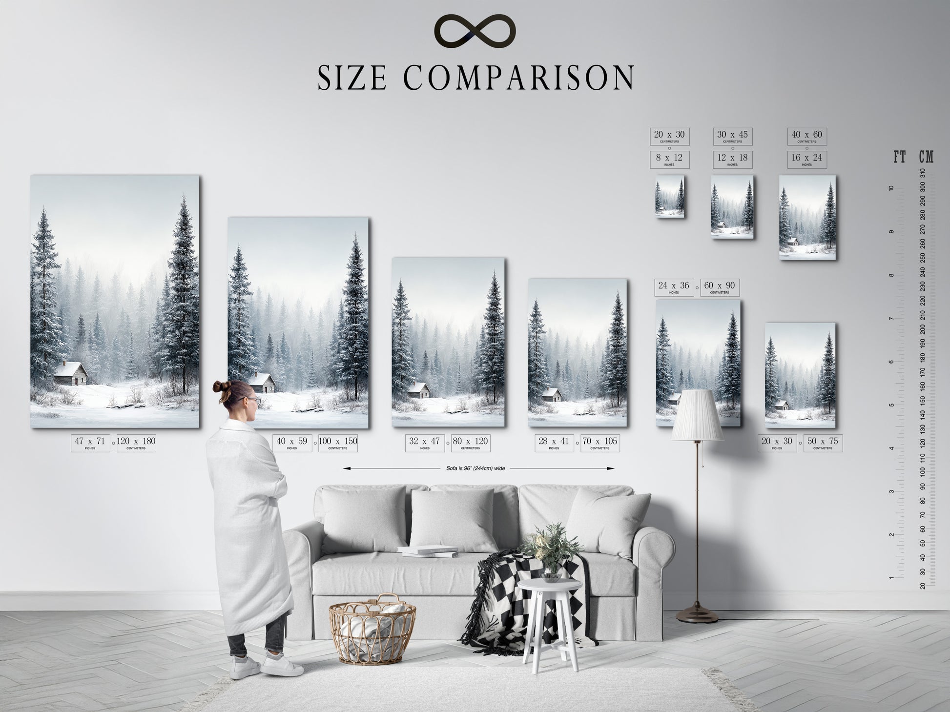 Size comparison chart displayed in an interior setting. It shows the Winter Forest artwork in various sizes. Visualize the perfect fit for your space. The artwork features snow-covered pine trees. A cozy cabin completes the winter scene.