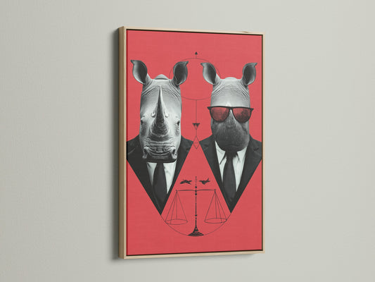Rhino Business Suit artwork with an oak frame. This unique piece features a contemporary print style. The red and black tones create a bold statement. Ideal for professionals and art enthusiasts seeking quirky office decor.