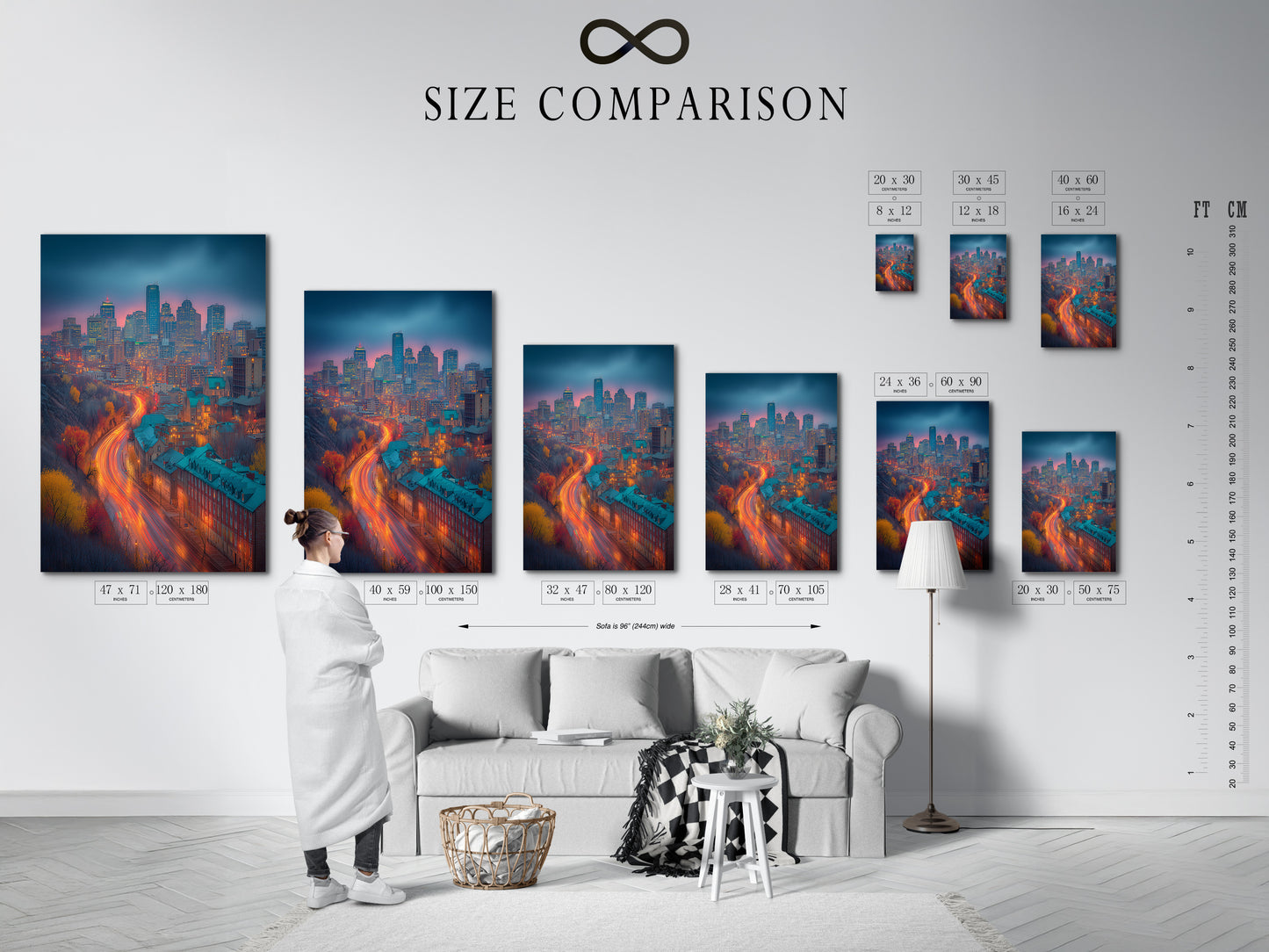 A size comparison chart displayed in an interior setting. The chart showcases available sizes for cityscape wall art. See how different sizes fit in various spaces. Find the perfect fit for your skyline canvas. Visualize your new urban photography
