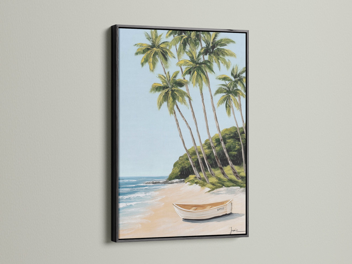 Tropical beach artwork displayed in a black frame. The art captures palm trees and white boat on the beach. The black frame adds a modern touch. Bring the tranquility of the ocean into your space. Perfect for any room.