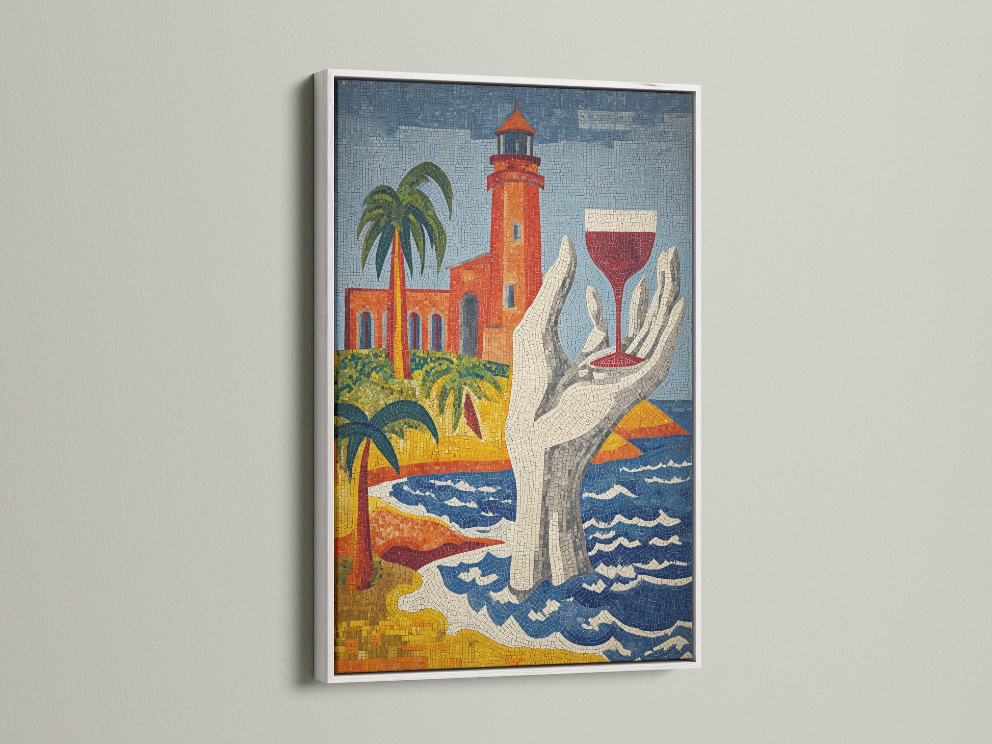 Lighthouse mosaic art print displayed in a white frame. This coastal wall art is a Mediterranean masterpiece. The tile art is perfect for beach house decor. It brings a seaside ambiance. This nautical artwork enhances any space.