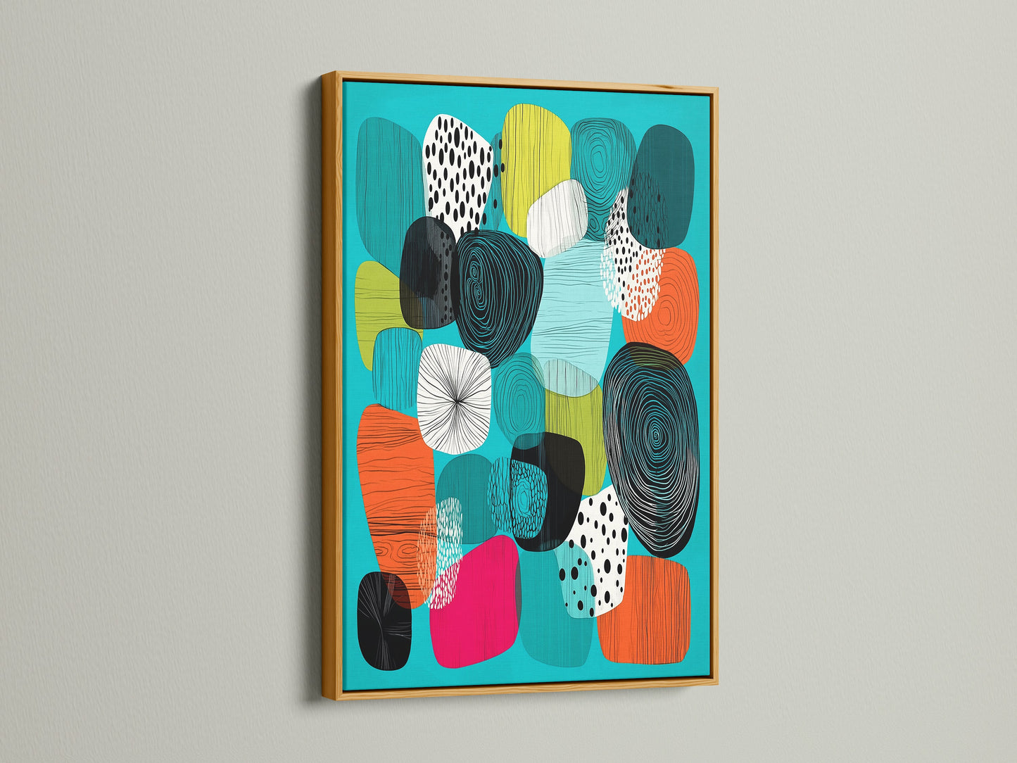 A square mid-century modern artwork with a teal background. The abstract canvas art features geometric shapes in a gold frame. This retro art print is perfect for scandinavian or eclectic styles. Elevate your clinic or cafe wall art.