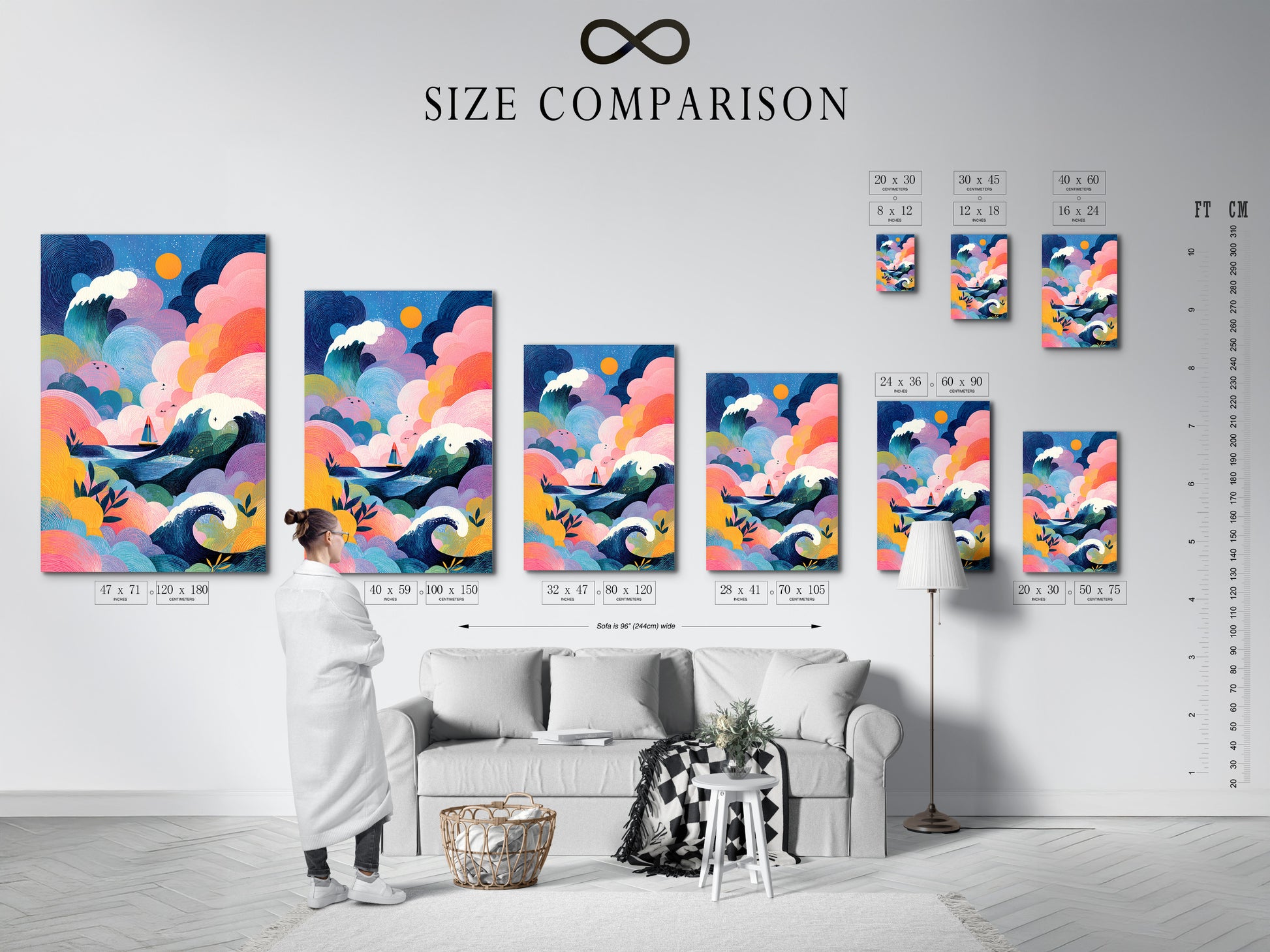 Size comparison chart displayed in a room. This chart helps visualize art print sizes. It shows various frame and canvas options. It is an excellent tool for interior art planning.