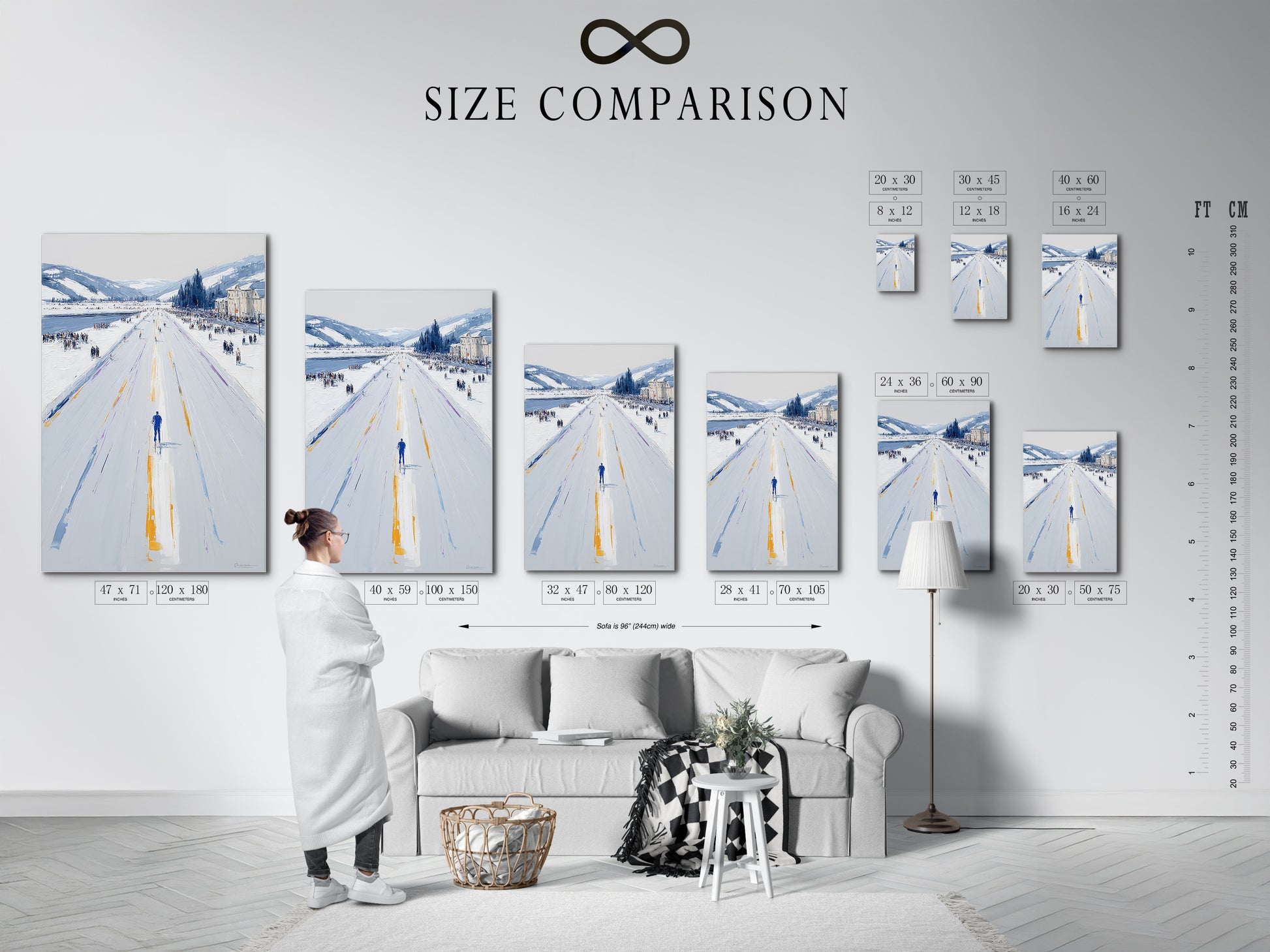 A size comparison chart is displayed in an interior setting. It helps visualize the Winter Cityscape artwork in different sizes. Find the perfect fit for your space. This cool-toned minimalist art enhances living rooms bedrooms offices and more. Choose the right size for your wall.