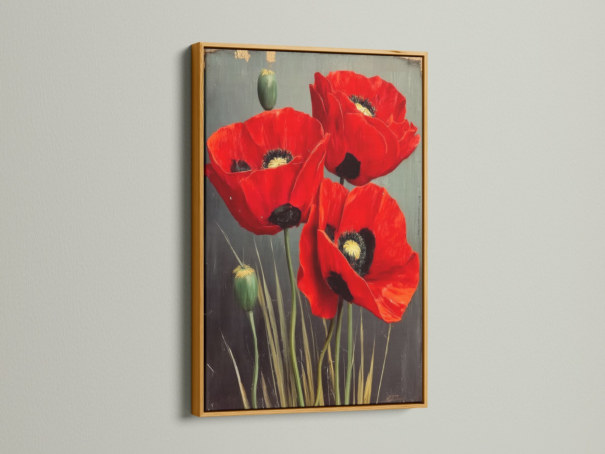 A red poppy floral artwork in a gold frame. The flower canvas enhances any space with its vintage flower photography. This piece is perfect for adding a touch of elegance to your bedroom decor. Get floral prints and botanical wall art today.