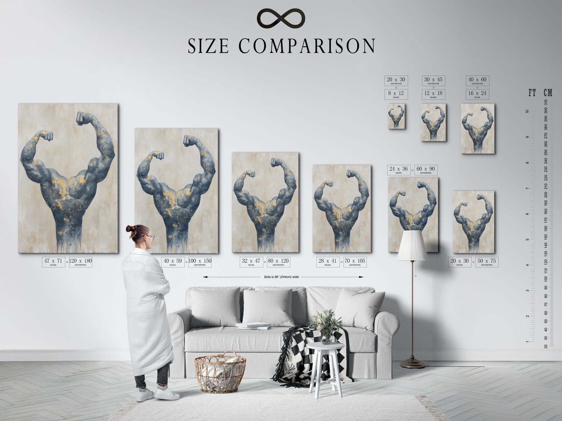 Size comparison chart in a modern interior. See how the bodybuilder art fits your space. Choose the right size for your gym wall or home office. Gray and gold muscle canvas options available.