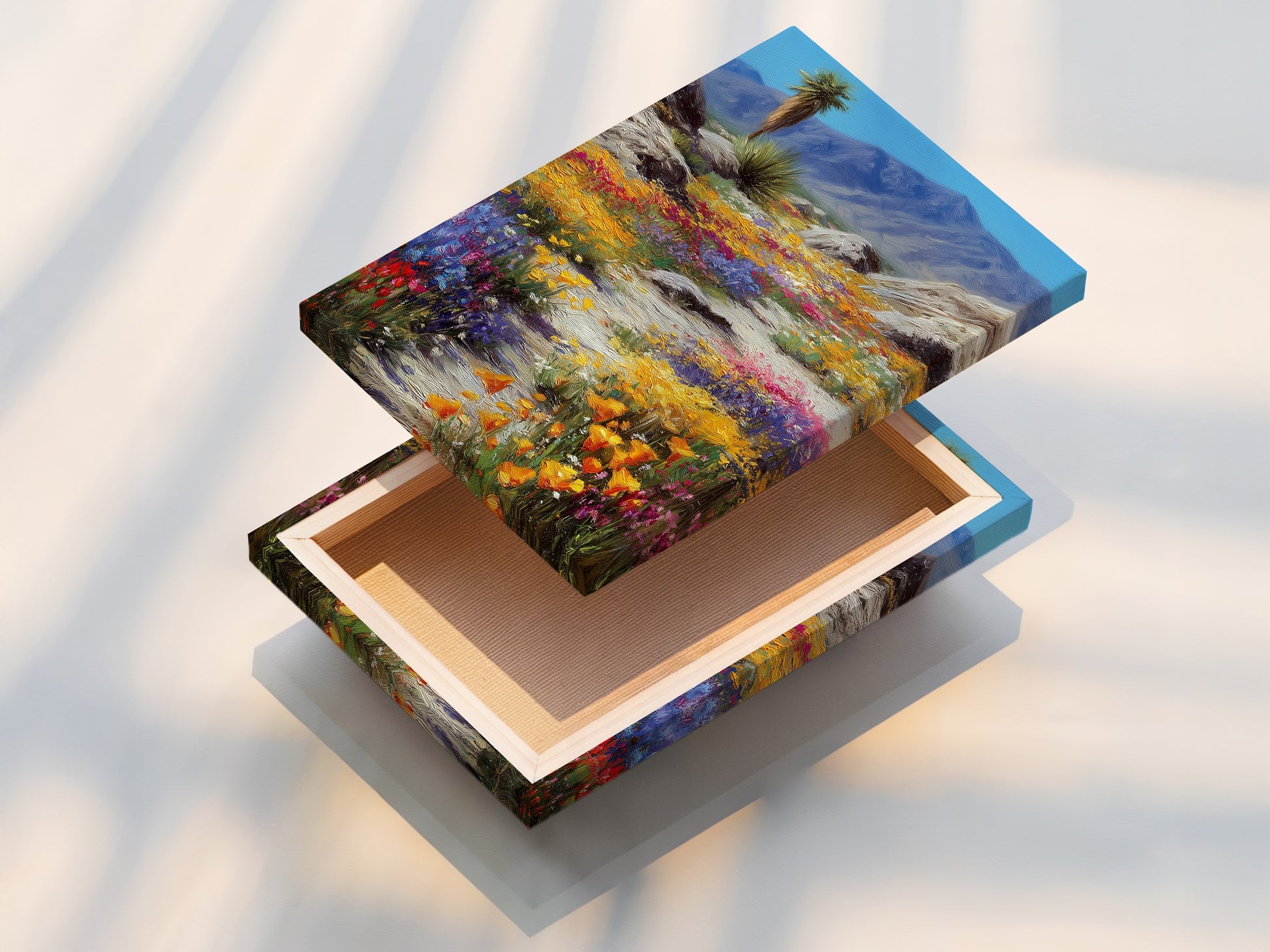 A stretched canvas print of desert wildflowers. This colorful landscape artwork is ready to hang. The stretched canvas enhances the texture and vibrancy of the print. Perfect for Southwest nature wall decor. This canvas print brings the desert to your home.
