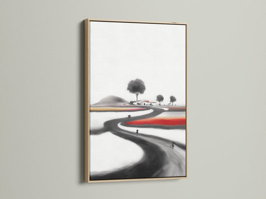 Ink Wash Landscape canvas print in an oak frame. This artwork brings minimalist Asian-inspired style to your walls. The oak frame enhances the countryside artwork. Ideal zen wall art for living rooms bedrooms or offices. This piece is great for home staging.