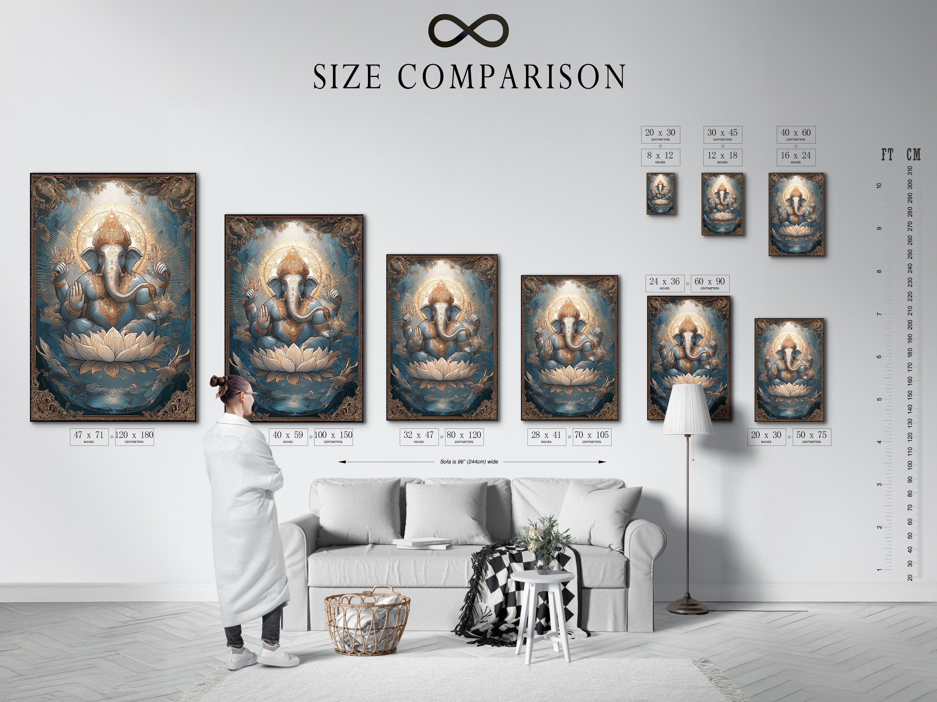 Size comparison chart of Ganesha Canvas Art displayed in an interior setting. See how the Hindu deity print fits in your space. The Elephant God art is a spiritual canvas. This Lotus art print enhances meditation rooms.