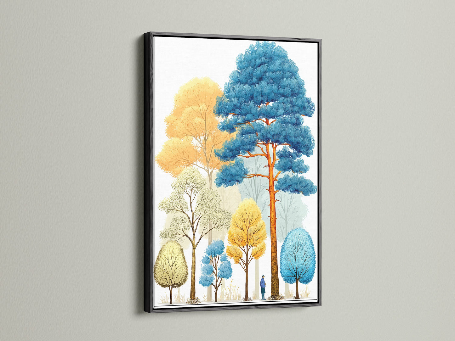A black frame elegantly displays this colorful forest artwork. This abstract print brings a modern touch to any space. The tree wall decor creates a calming atmosphere. Ideal for modern living rooms and office spaces. Discover nature art print.
