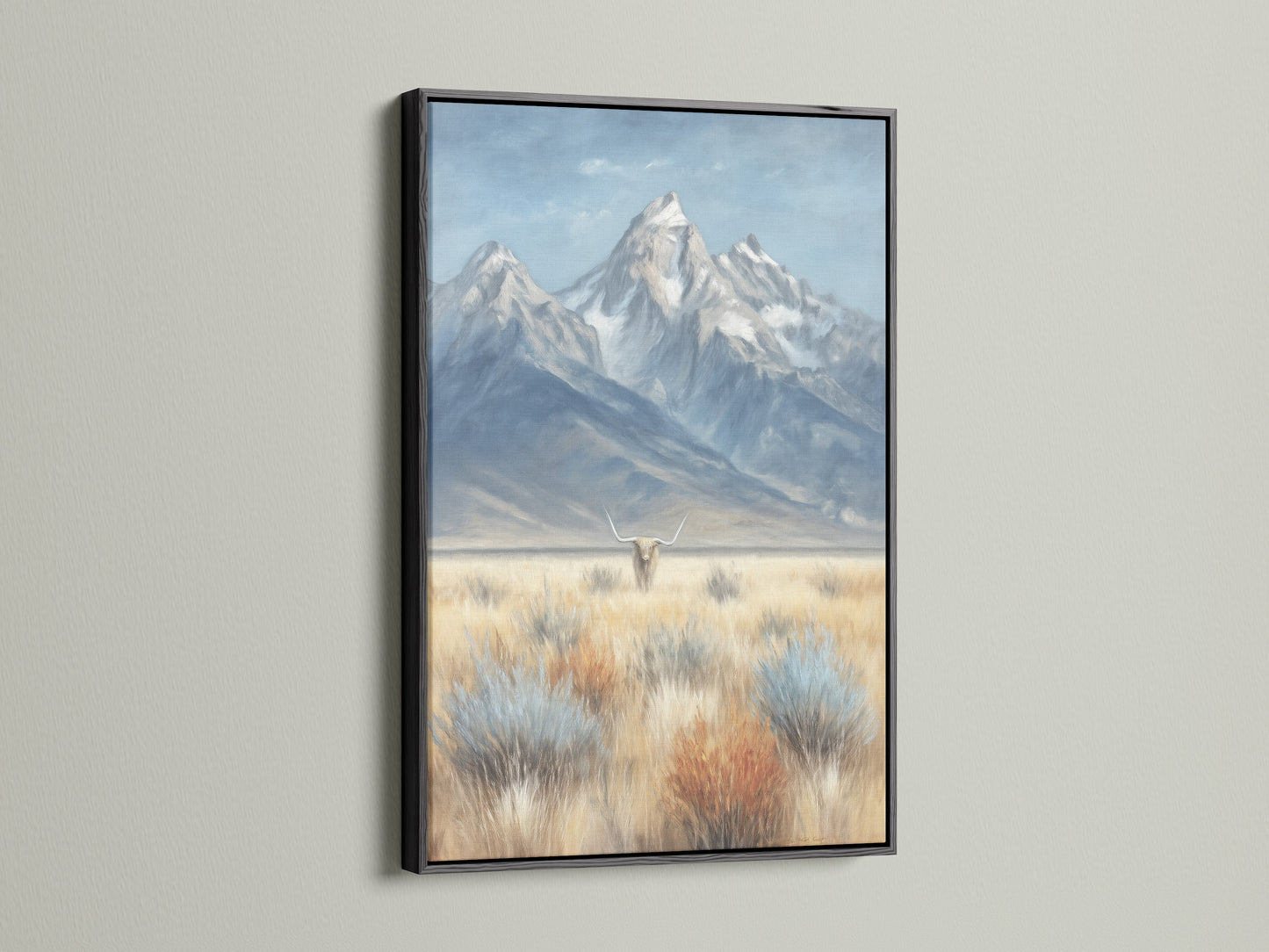 The mountain and highland cattle artwork is presented in a sleek black frame. The black frame accentuates the colors in this landscape painting. This art complements rustic and eclectic styles. Explore this cattle artwork for a unique addition to your farmhouse decor.
