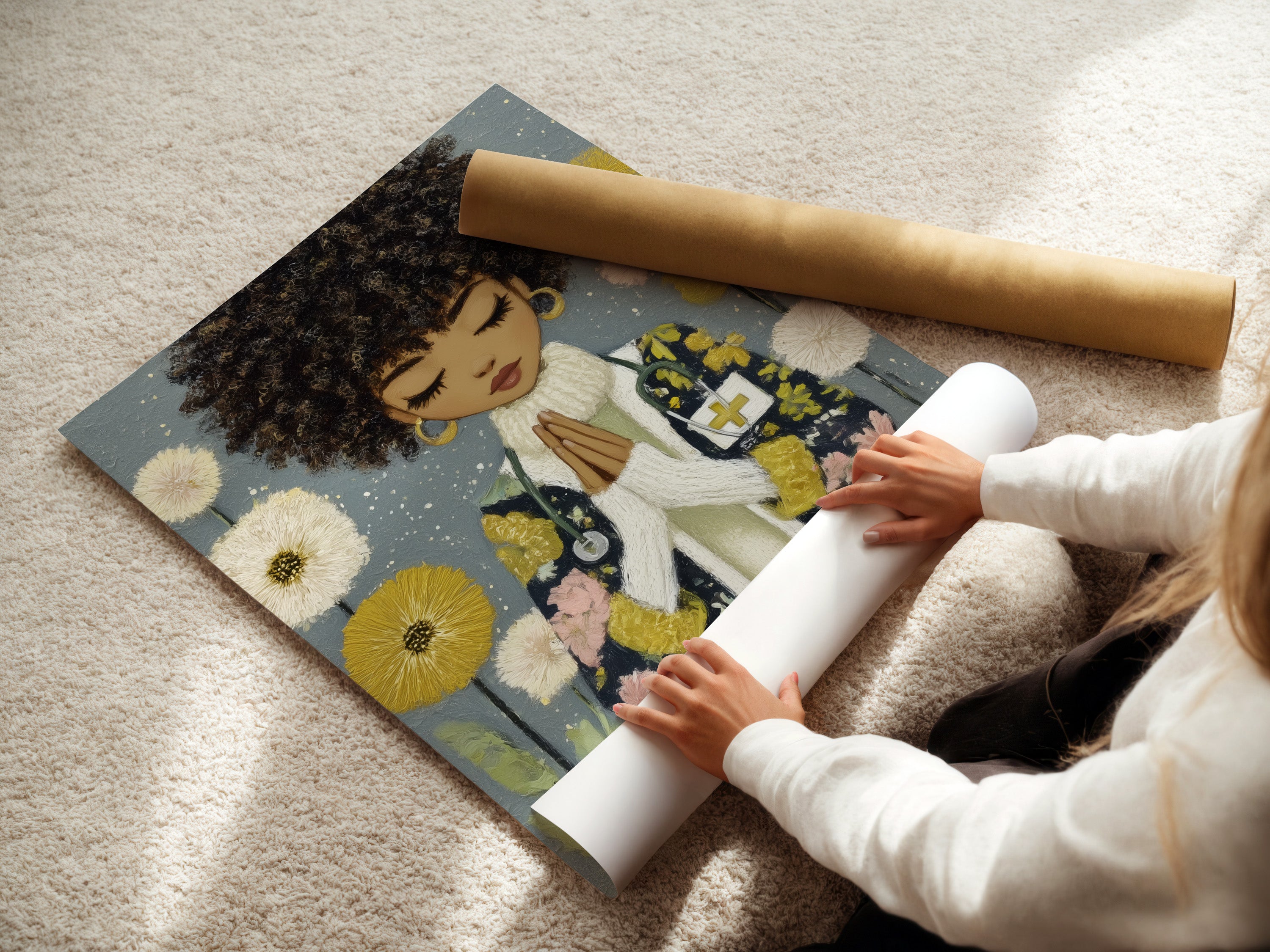 A woman carefully rolling a fine art poster paper. The Black Girl Prayer Art Print is ready for framing. This afrocentric floral canvas is perfect for bedroom decor. Its a perfect gift for healthcare professionals and spiritual individuals.