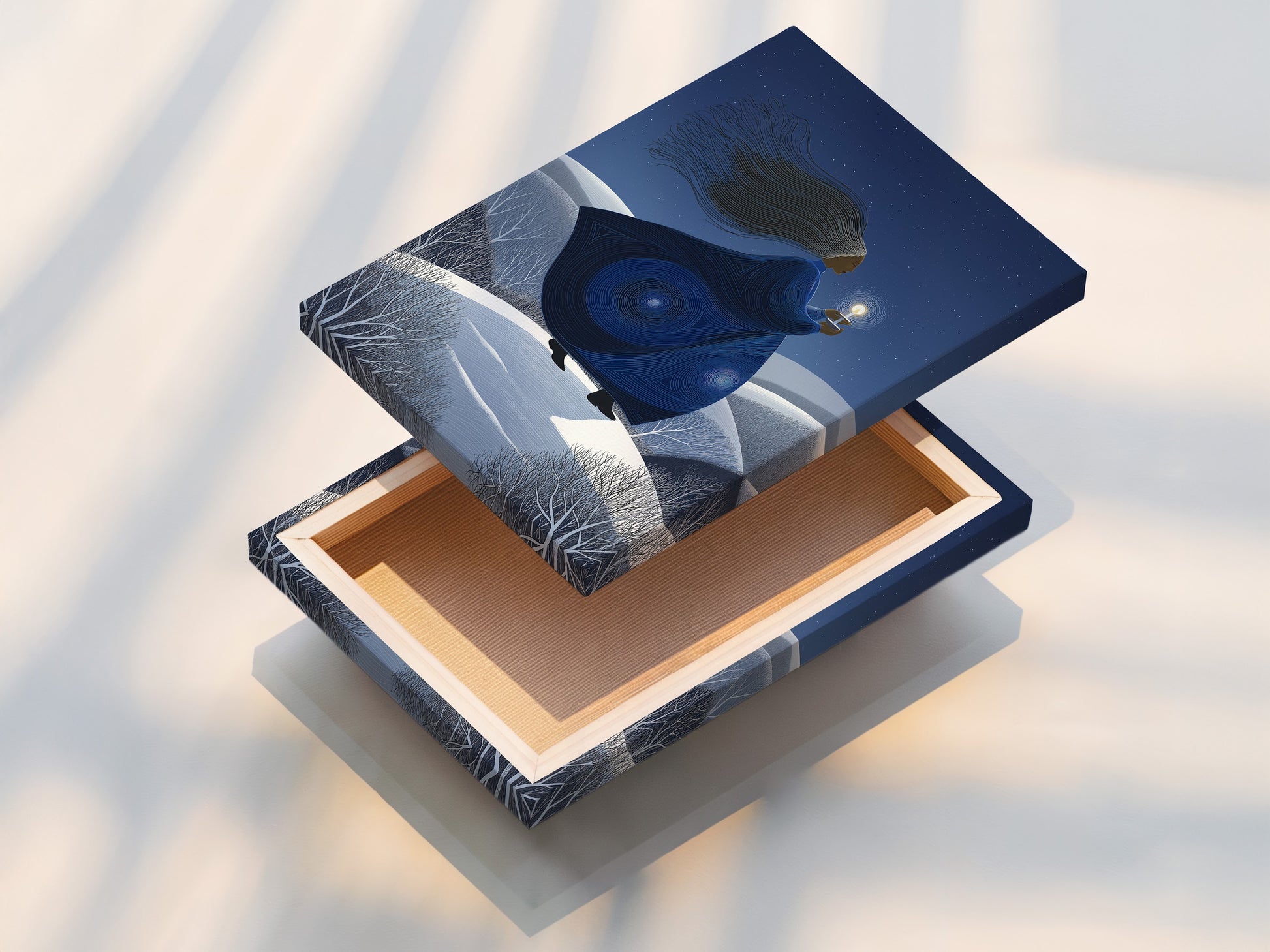 A stretched canvas print of the Mystical Woman artwork. Blue and white tones bring a contemporary style. The ethereal figure with lantern creates a dreamy atmosphere. Perfect for bedroom wall art. Enhance your home with spiritual artwork.