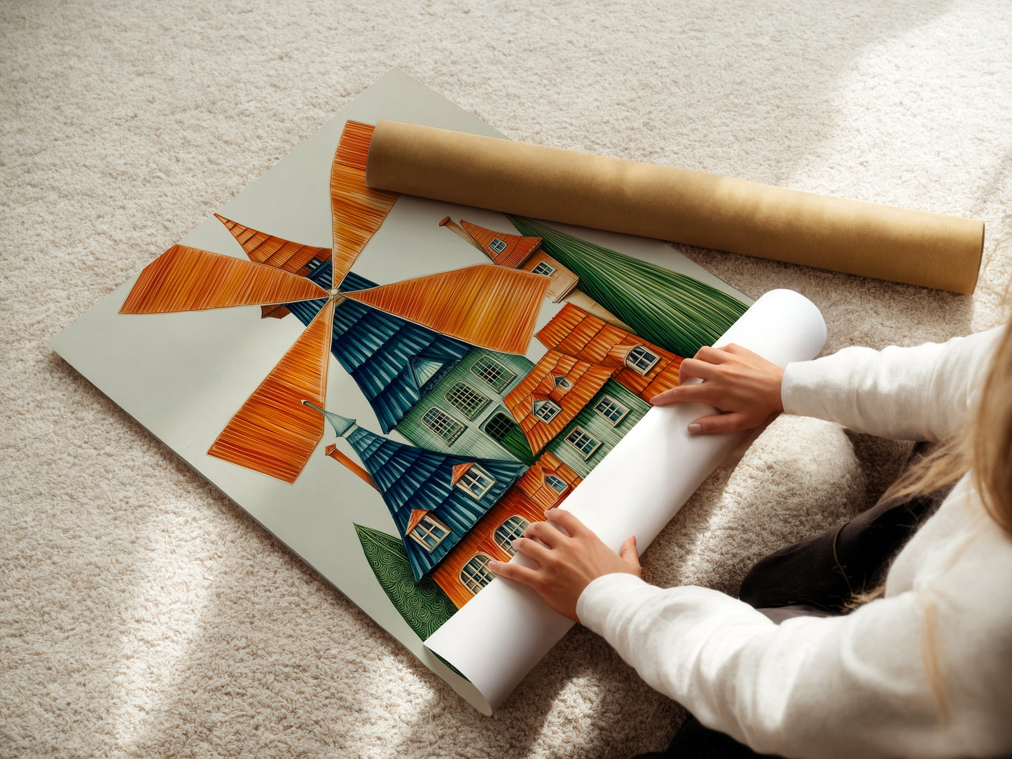 A woman carefully rolling a fine art poster paper print. Featuring whimsical windmill artwork. This Dutch architecture piece is perfect for playroom decor. Explore colorful folk art for kids' rooms and creative spaces.