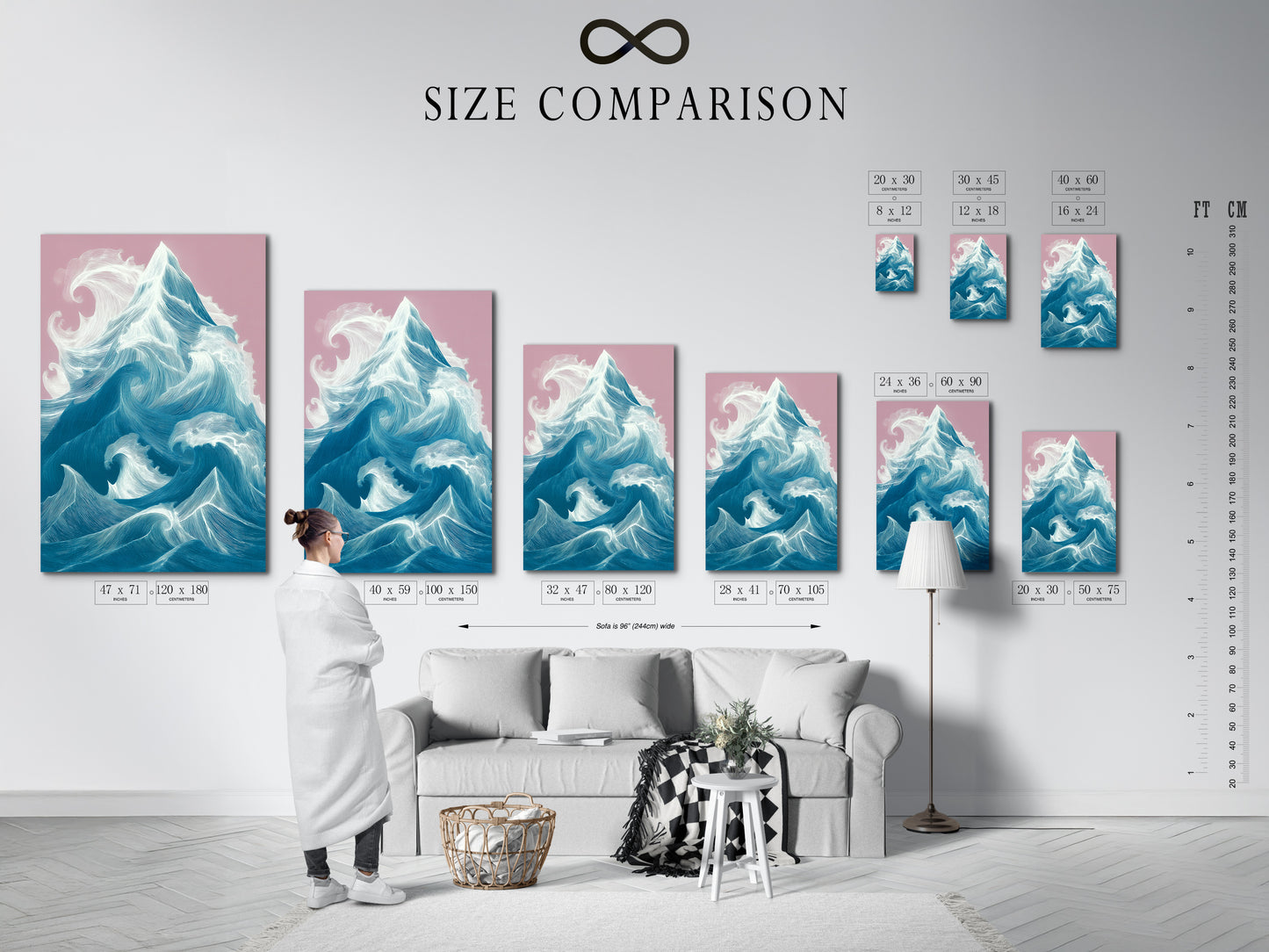 A size comparison chart in an interior setting. Visualize how the artwork will look in your space. Choose the perfect size to complement your room's decor. Transform your space with modern coastal art.