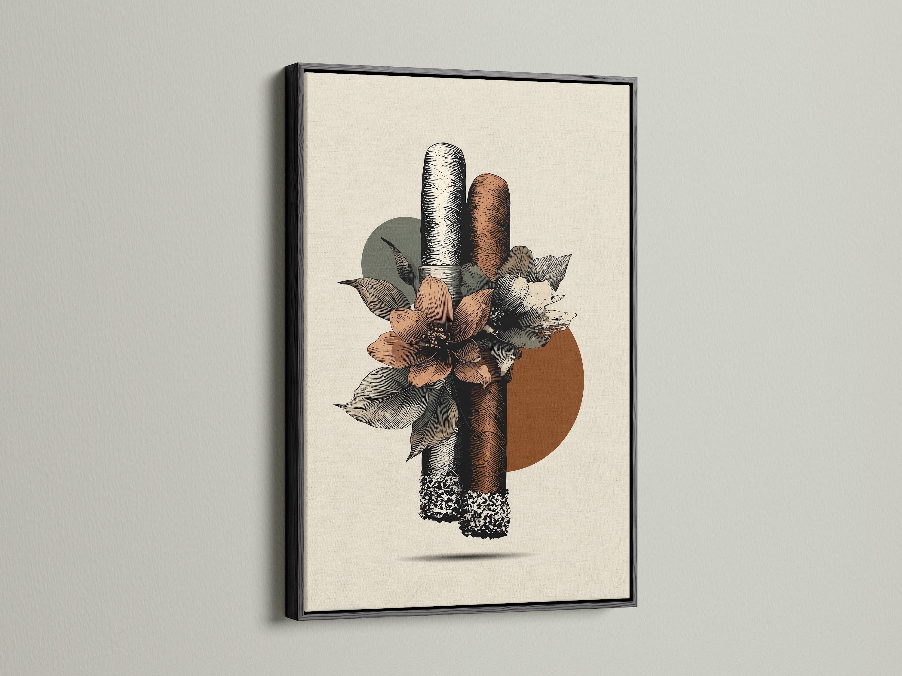 This is boho floral artwork with cigars in a black frame. This is perfect Eclectic Wall Art for a man cave lounge or cigar shop. The primary color is brown and the secondary color is beige. Black frame is a modern accent for your home.