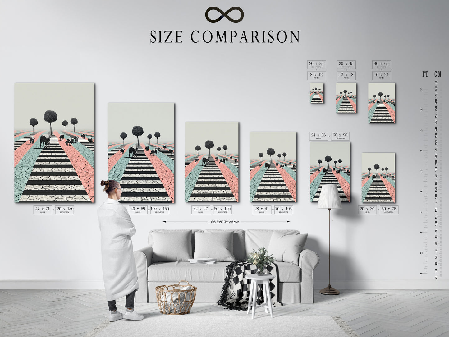Size comparison chart for artwork in an interior setting. See how different sizes of cow artwork fit your space. Visualize the impact of pastel colors and surreal animal art.  Find the perfect size for your home.