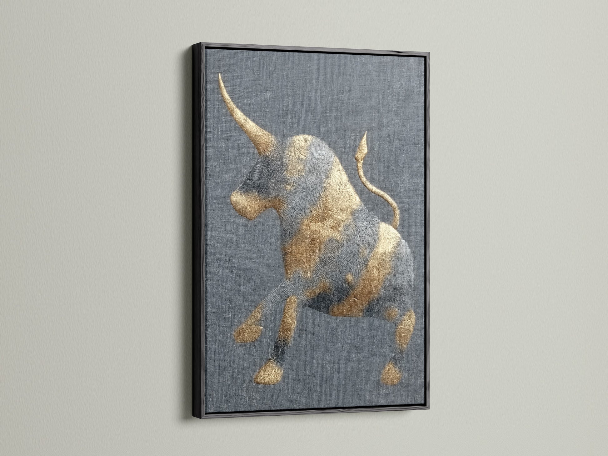The golden bull artwork with a black frame is displayed. This modern art print offers a bold statement. The animal canvas suits rustic or industrial decor. It's ideal for masculine spaces like offices. The minimalist art complements various interior styles. Add a touch of elegance to your walls.
