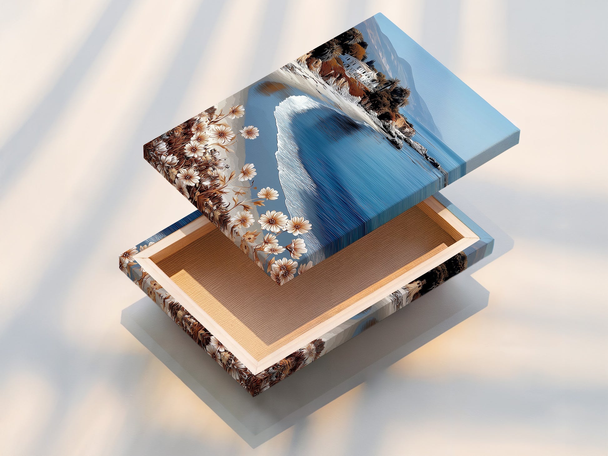 This is a stretched canvas print featuring a coastal beach scene. The California seascape wall art brings a calming ocean view to any room. The neutral tones complement various decor styles. This stretched canvas is ready to hang and enjoy in your home.