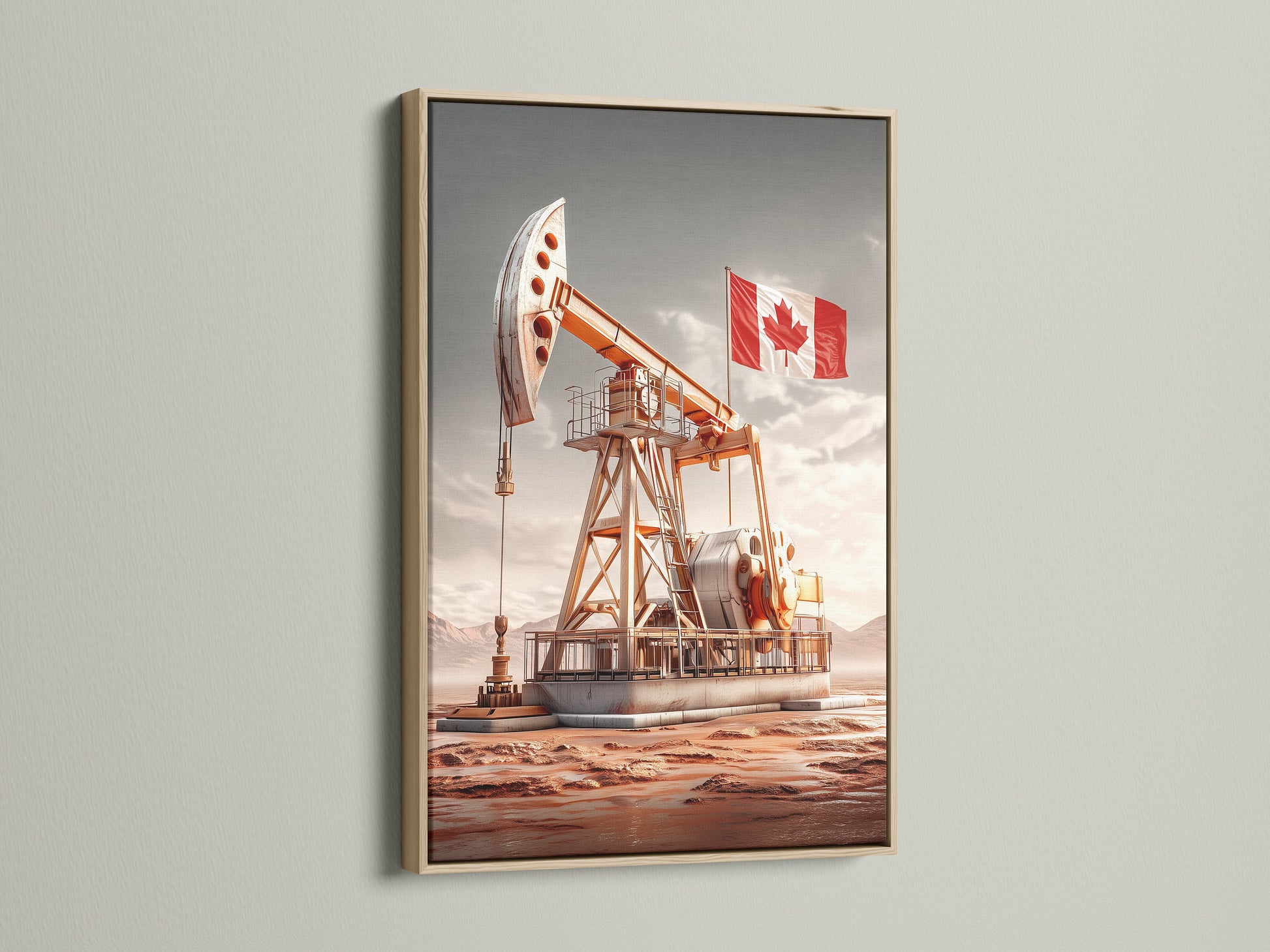 Oil Derrick Canvas Print with a Canadian Flag. The artwork is displayed in an oak frame. Rustic industrial decor for your office space. Consider this energy sector artwork.