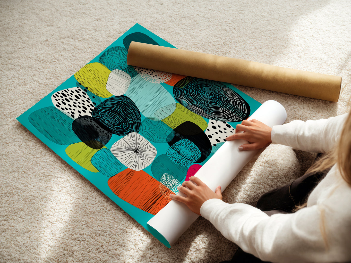 A woman carefully rolls a fine art poster paper print. The mid-century modern artwork features teal orange and geometric shapes. This abstract canvas is perfect for home wall decor. Great for clinics cafes and boardrooms.