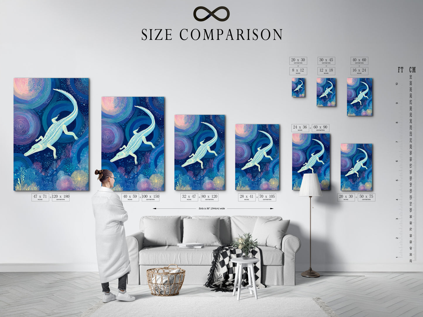 Explore our size comparison chart in an interior setting. Visualize how the Alligator Art Print fits your space. The ocean blue canvas showcases underwater wildlife. It is perfect for studios or waiting rooms.