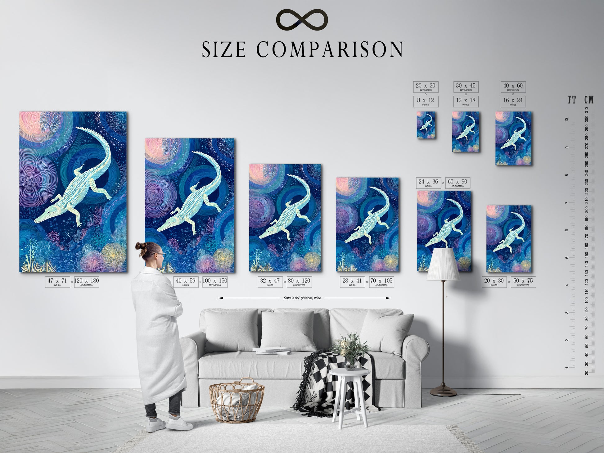 Explore our size comparison chart in an interior setting. Visualize how the Alligator Art Print fits your space. The ocean blue canvas showcases underwater wildlife. It is perfect for studios or waiting rooms.