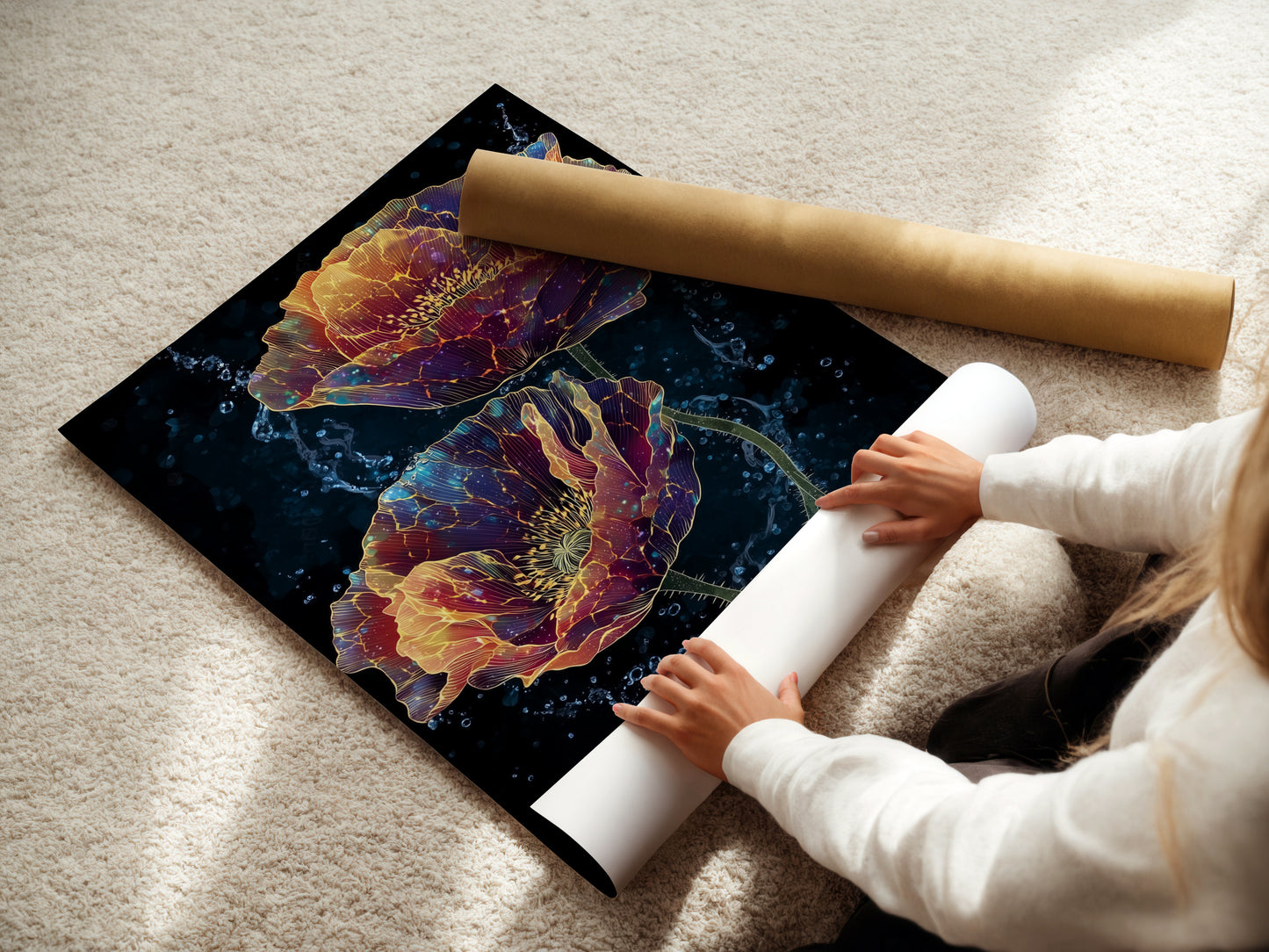 A woman delicately rolls a fine art poster paper showcasing its quality. This high-quality paper ensures vibrant colors and lasting beauty for your artwork. Perfect for botanical prints floral wall art and dark academia pieces. Explore our range of fine art paper options.