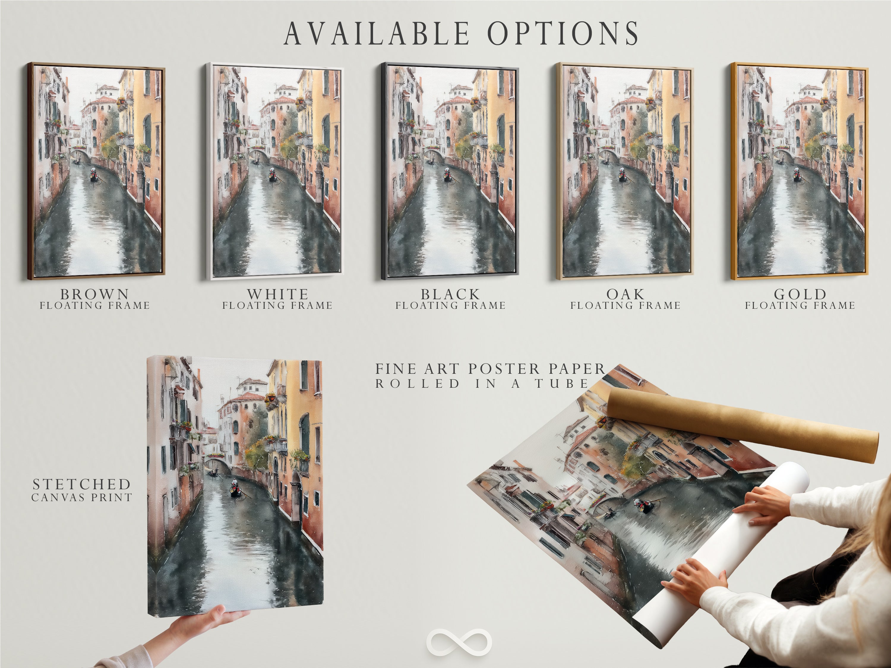 Available options include a stretched canvas print fine art poster paper and floating frame for the Venice Canal artwork. Choose the perfect style for your Italian watercolor wall art and European decor.