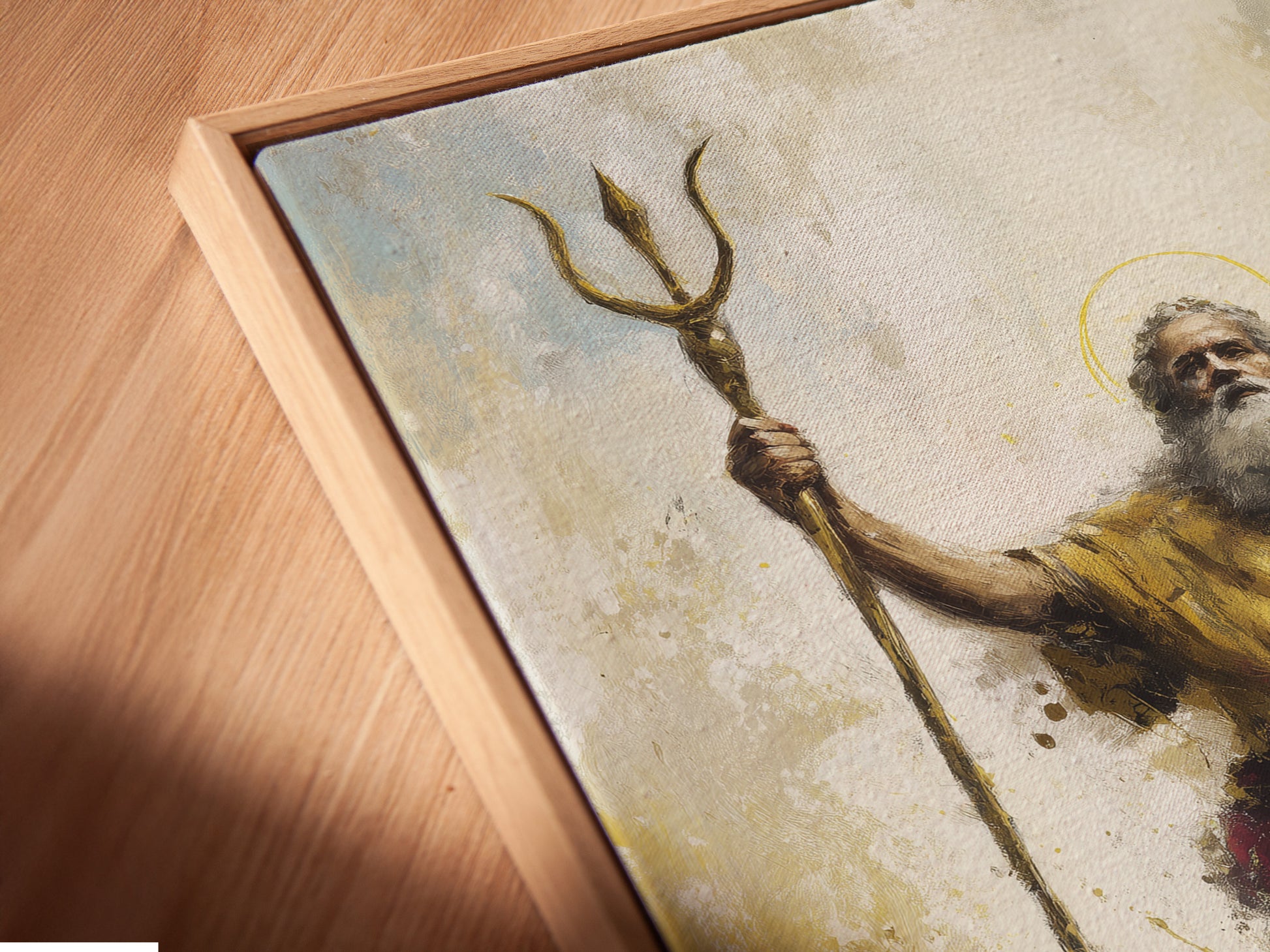 A close-up shows a canvas print in a floating frame. The floating frame gives the artwork depth. The canvas print appears to hover. The print is a modern way to display art.