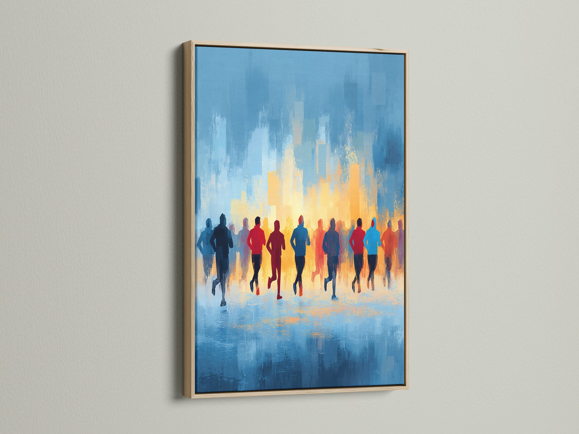 Abstract sports wall art depicting marathon runners in an oak frame. The blue and orange color palette adds a contemporary touch. Ideal for fitness enthusiasts and runners. Add inspiration to your home gym decor with this motivational print. Elevate your space today.