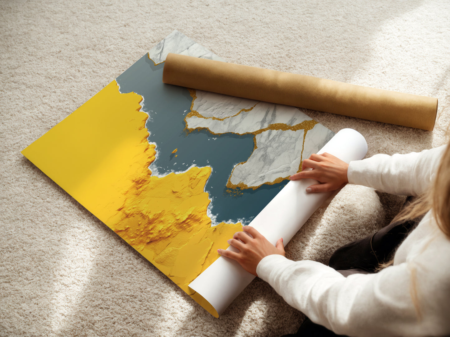 A woman carefully rolls a fine art poster paper. This shows the quality and care in handling delicate artwork. Perfect for abstract gold river prints or modern teal wall art. High-quality materials ensure lasting beauty in your art.