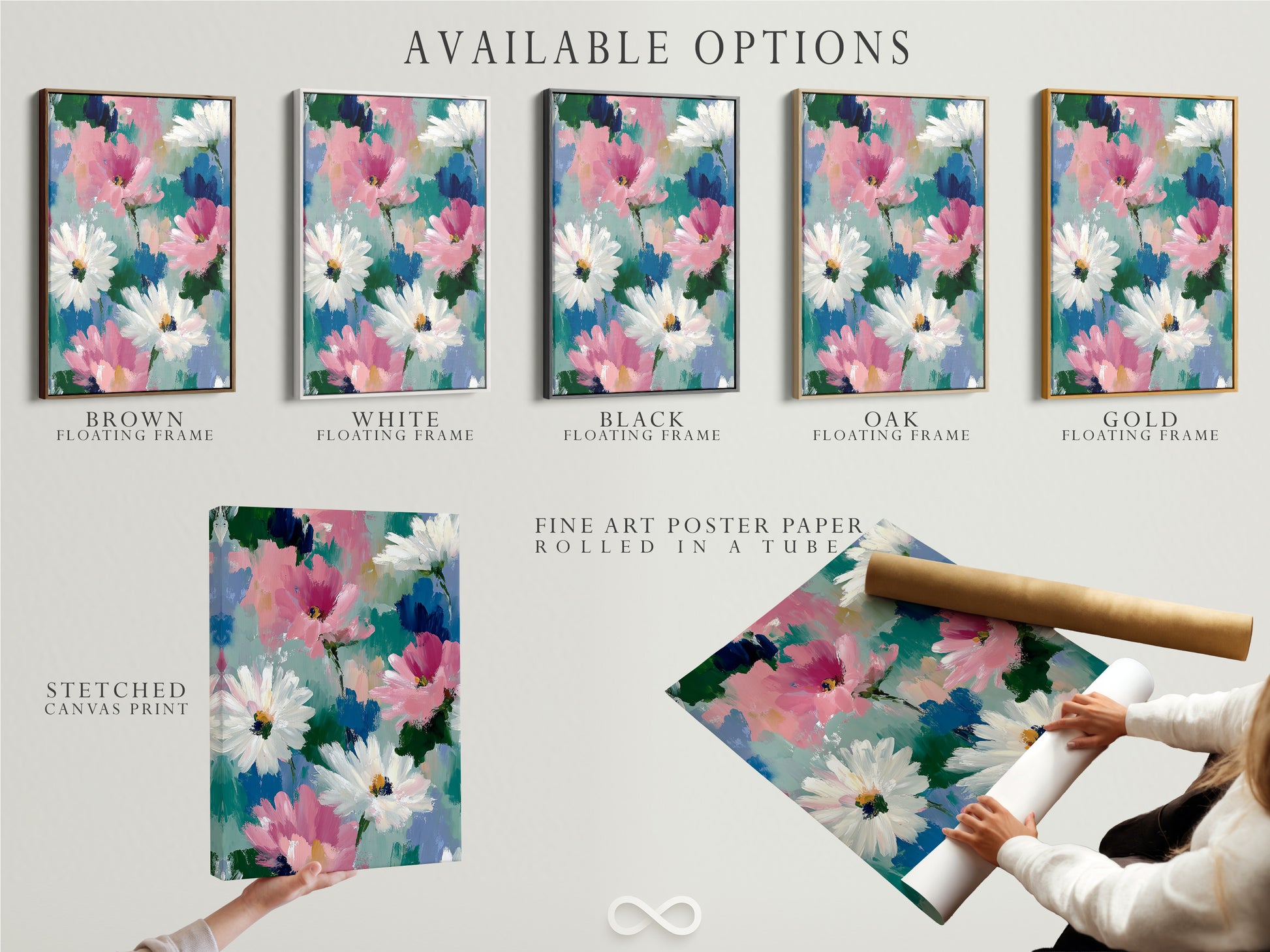 Explore the available options for your artwork. Choose from a stretched canvas print a fine art poster paper or a floating frame. Find the perfect presentation for your abstract floral artwork. Create a stunning gallery wall with our versatile display options.